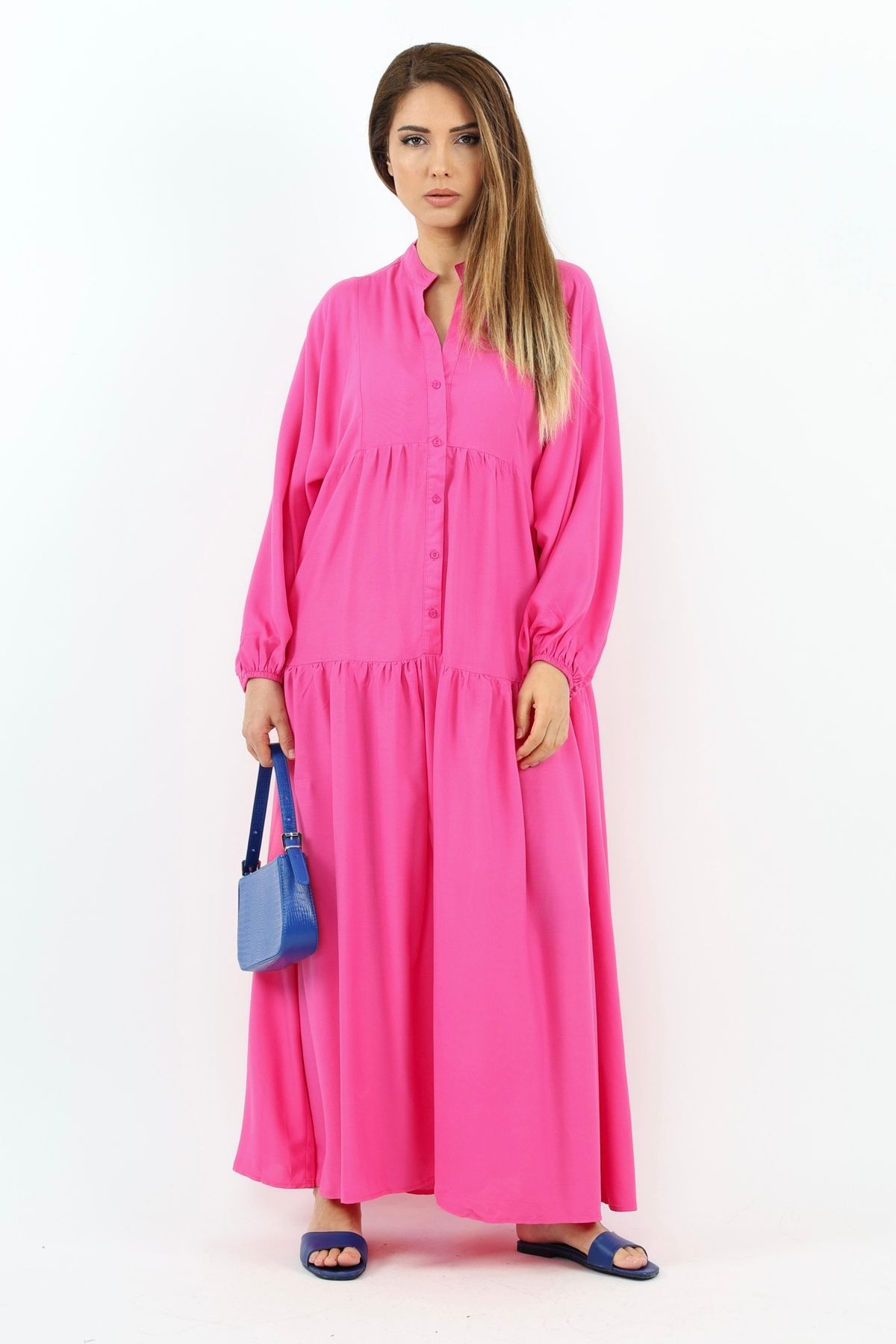 Ritnice-Rochie de damă Fuchsia Prive - 100% viscoză, lungime maxi, mânecă cu balon, vară lungă 3