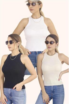 Ritnice Kadın 3'lü Premium Doku Pamuklu Fitilli Atlet Beyaz, Siyah, Krem