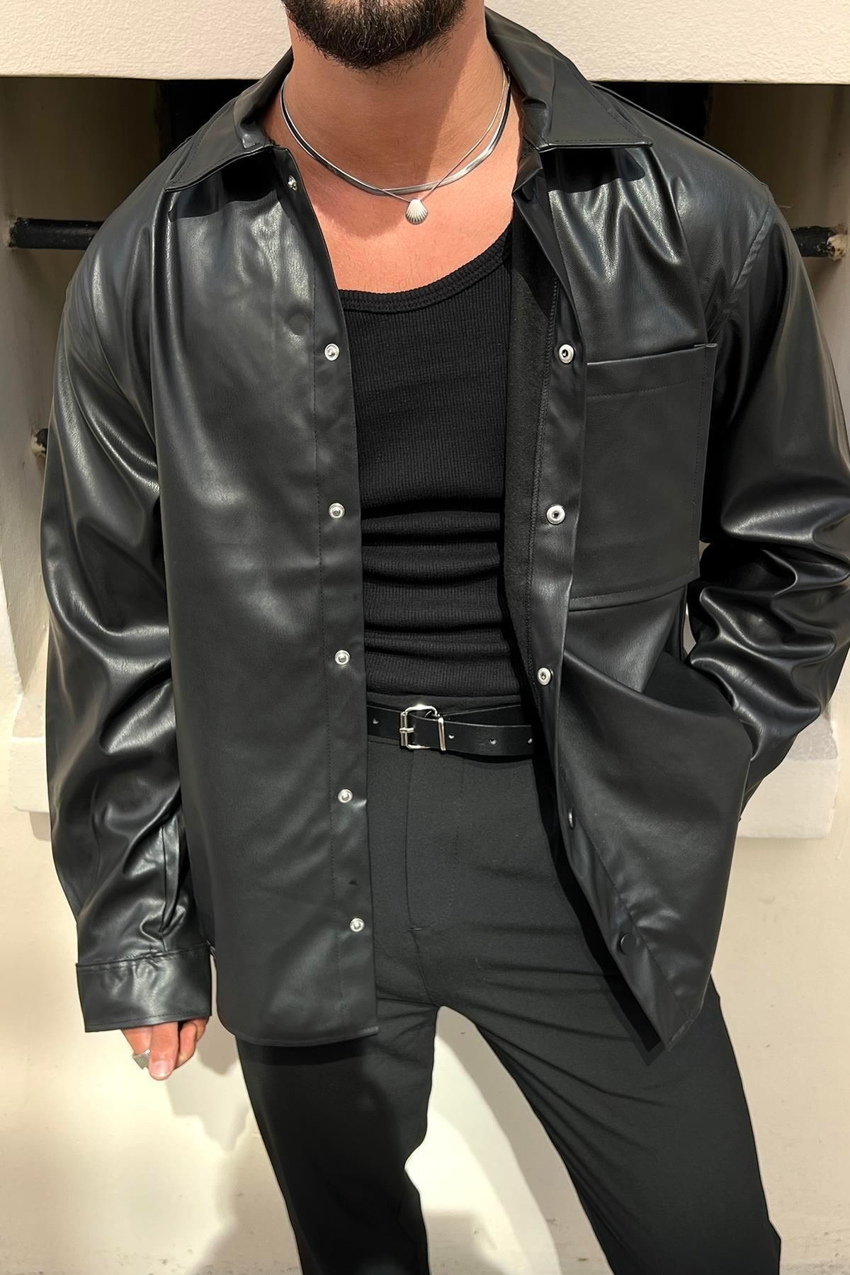 Elzem-Black Leather Oversize Shirt 2