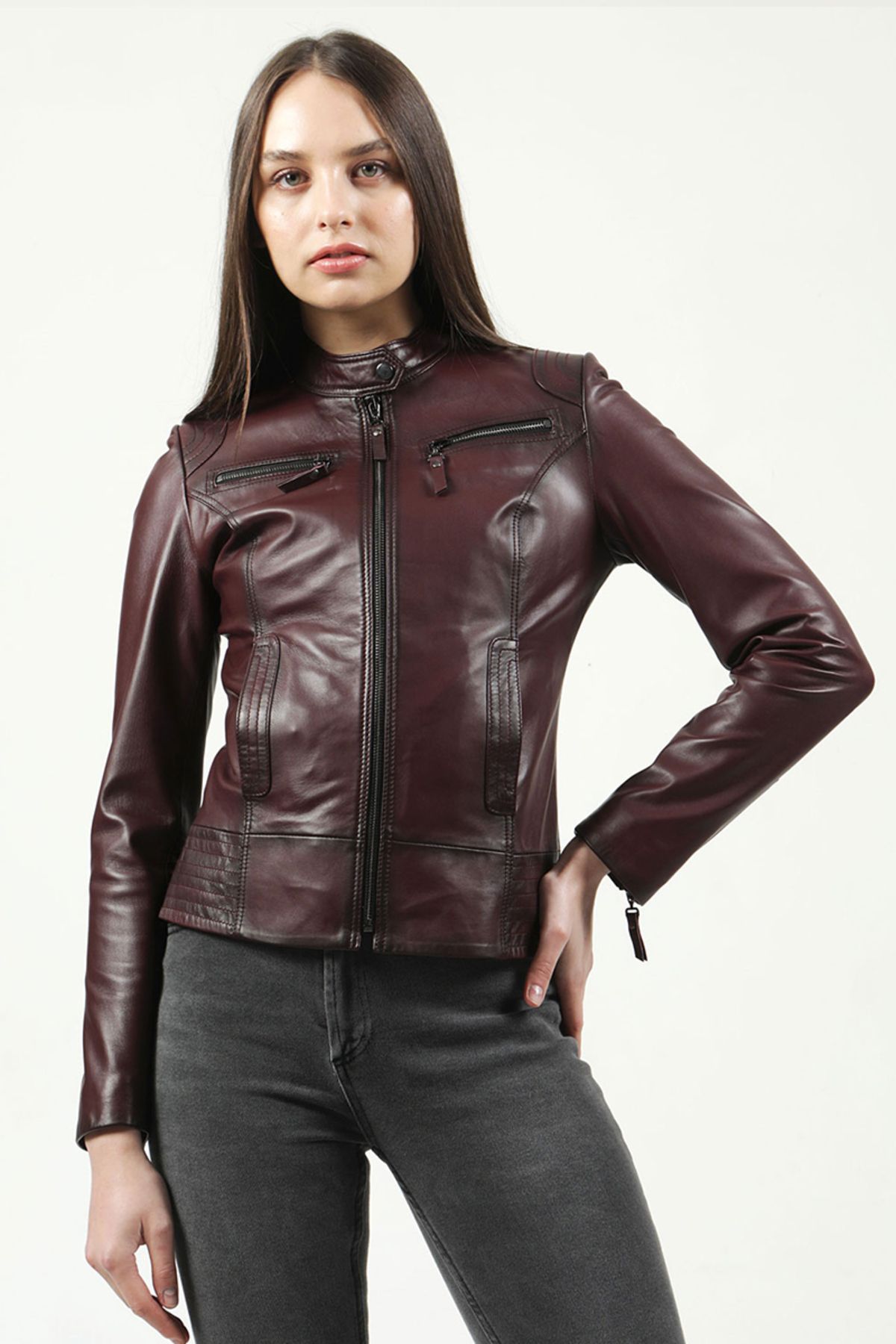 Dericlub-Yb2143 Claret Red Real Leather Women's Coat 1