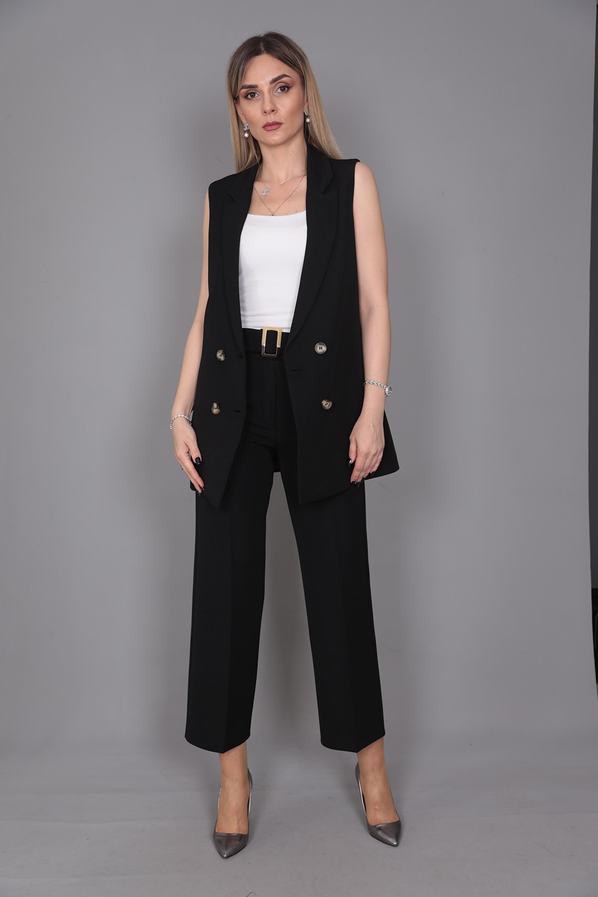Midi Size Classic Vest & Short Wide Leg Pants-Black