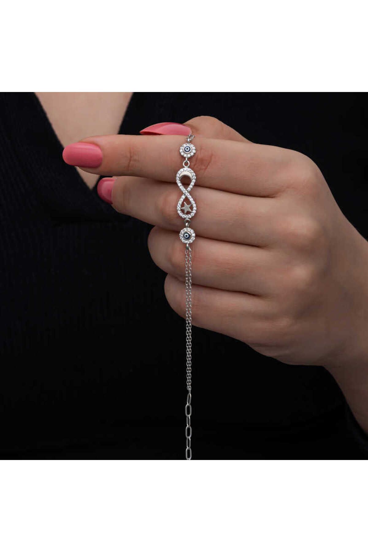 RUBY DESİGNS Gümüş Ay Yıldız Nazarlı Sonsuzluk Kadın Bileklik