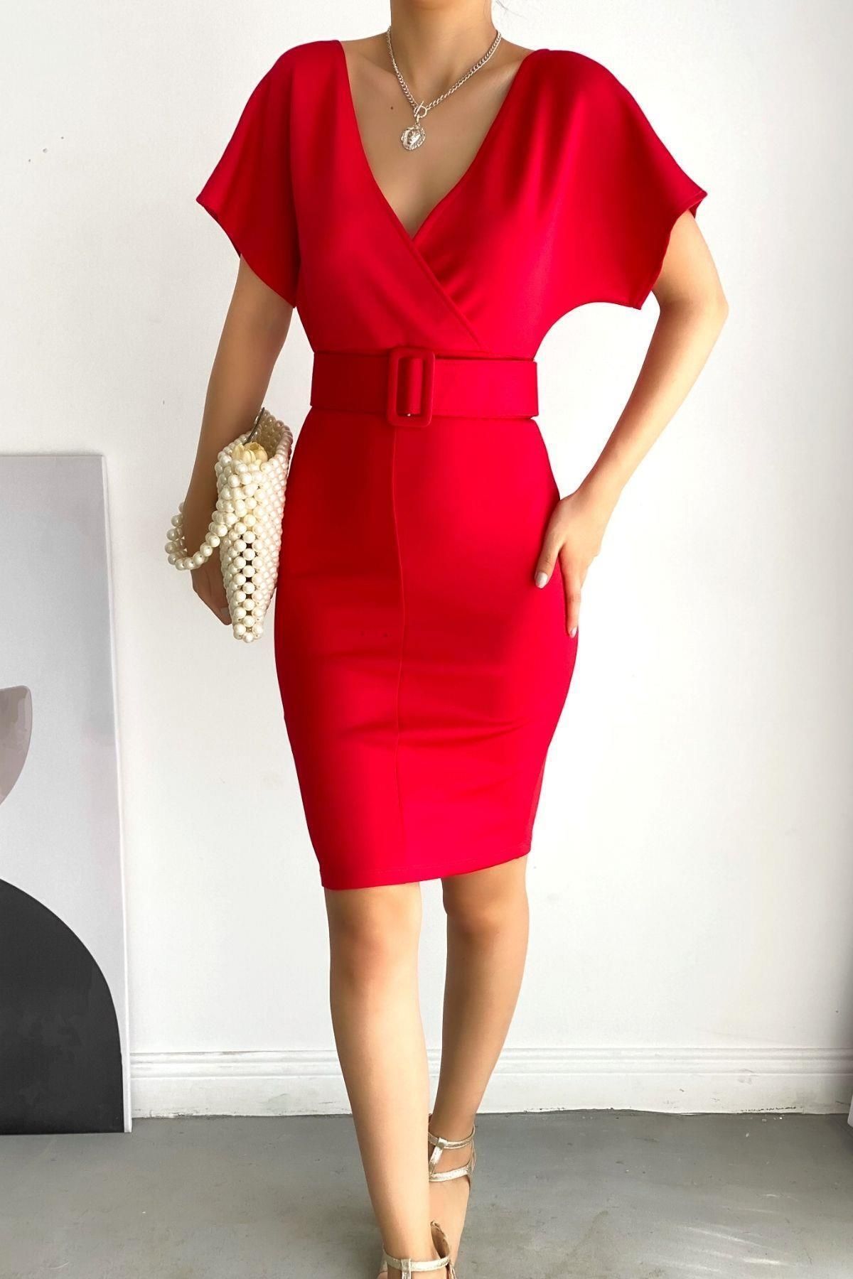 Mossta-Red Lycra Double-breasted Collar Belt Dress 4