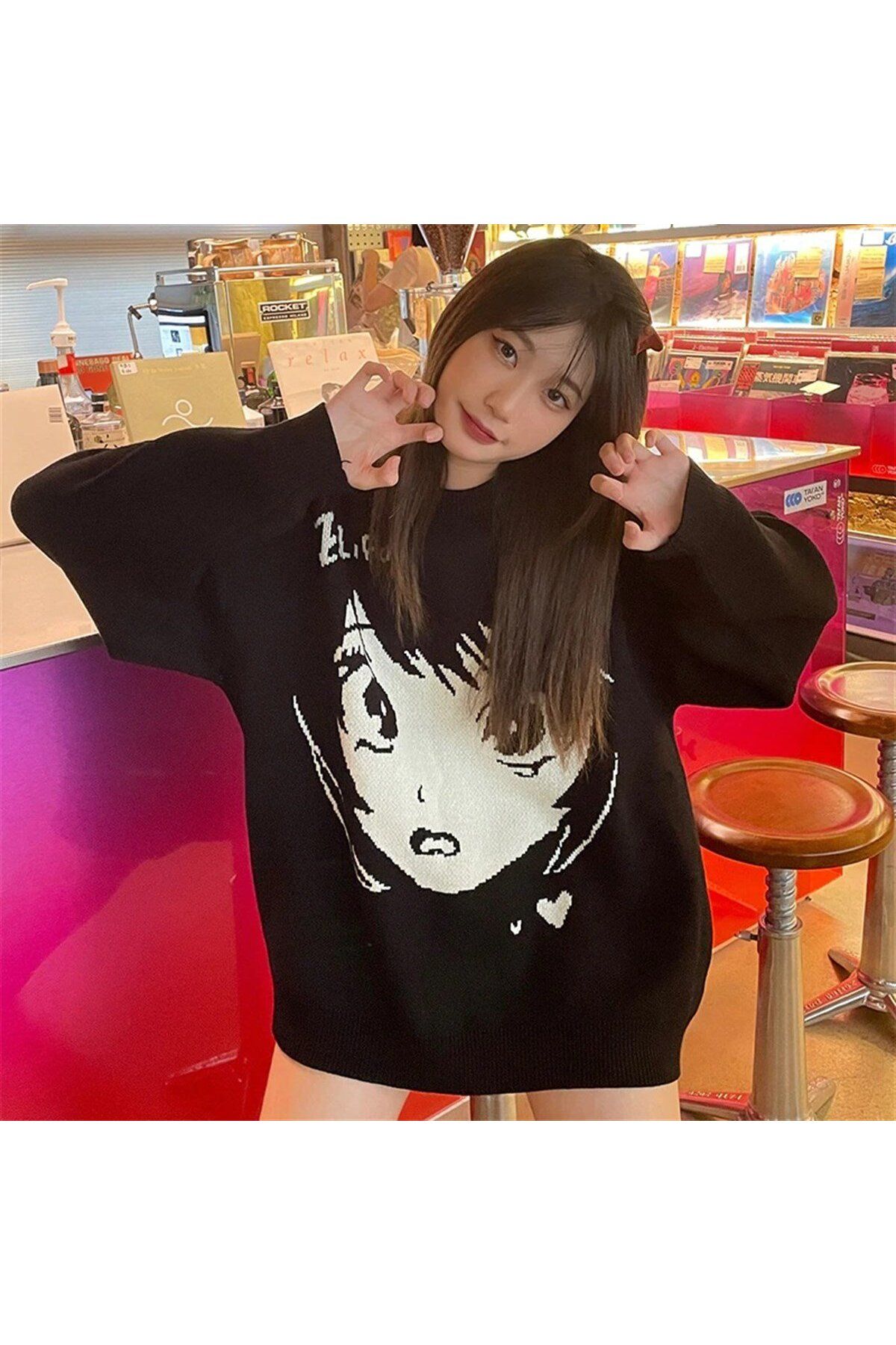 BAREM BUTİK Barem Butik  Anime Girl Harajuku Vintage Streetwear Unisex Siyah Kazak