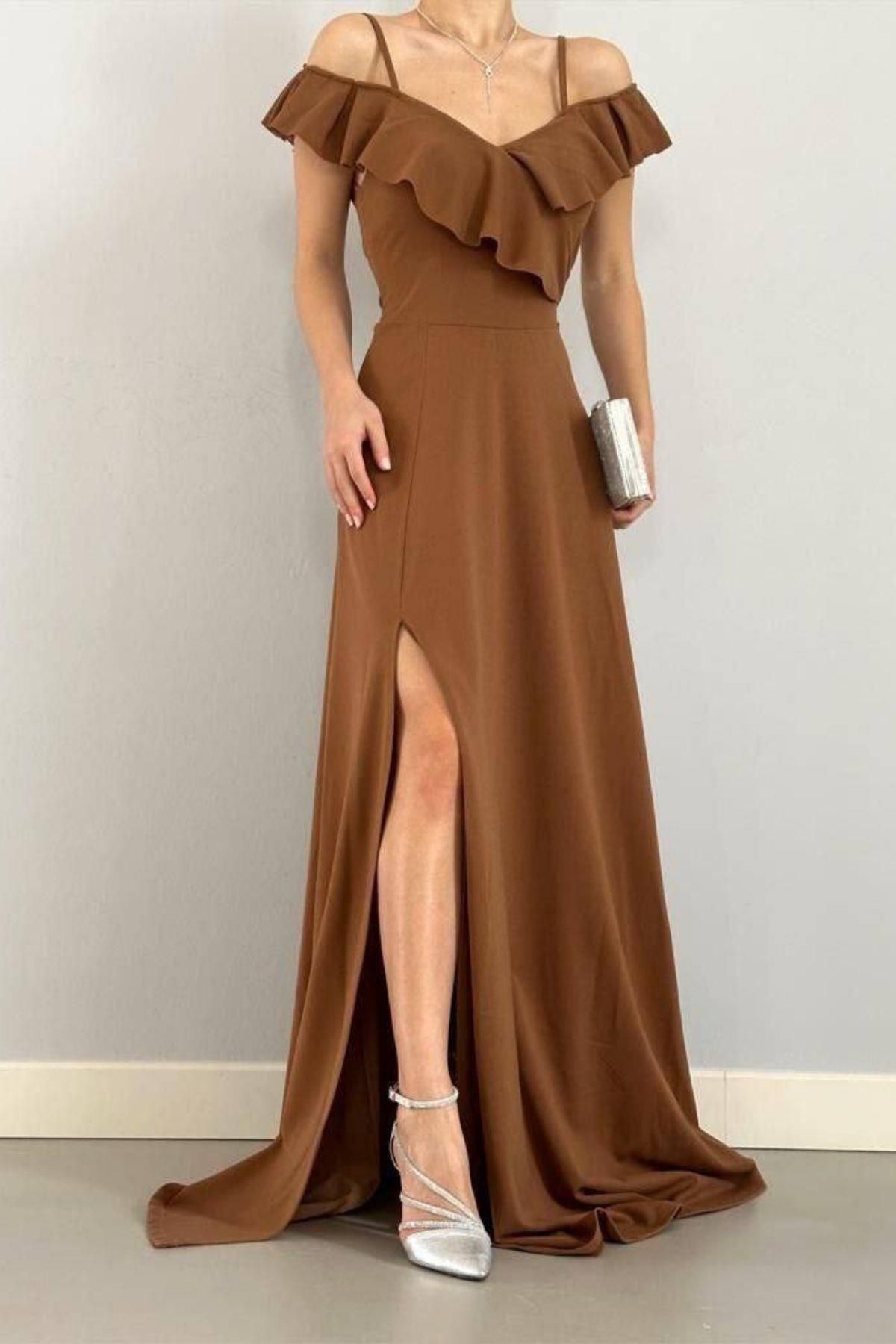 Mossta-Off Shoulder Flounce Collar Slit Evening Dress Brown 1