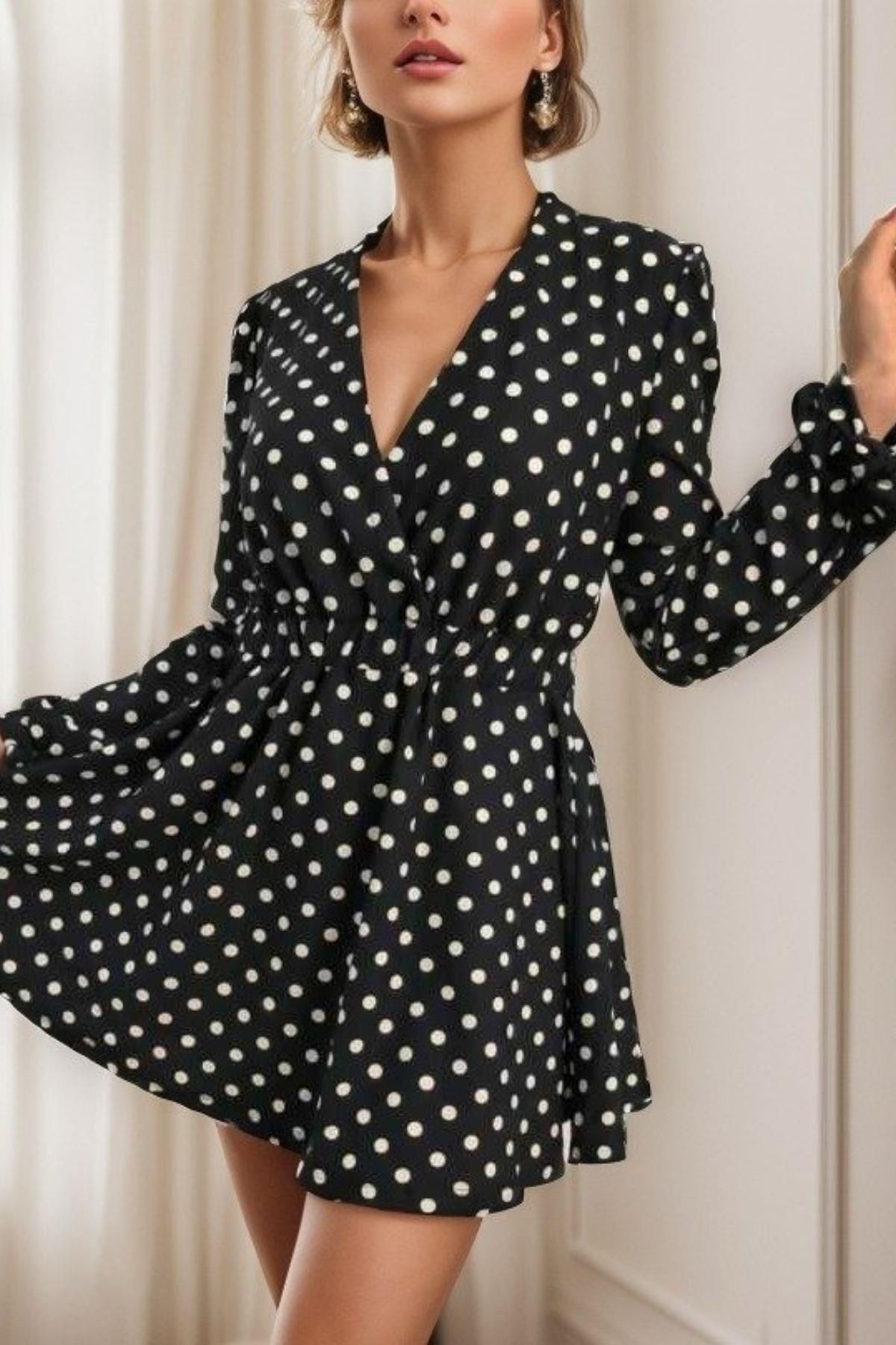 Mossta-Black Mini Crepe Dress - Double Breasted Collar and Polka Dot Design 4