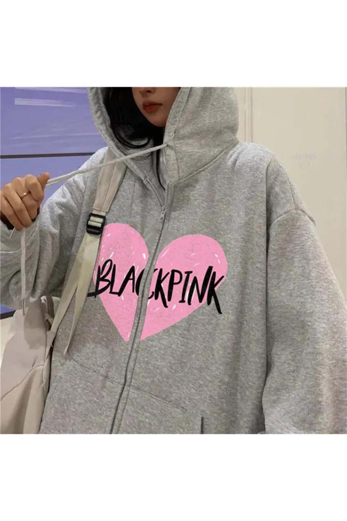 BAREM BUTİK Barem Butik  Blackpink Heart Baskılı Oversize Fermuarlı Gri Unisex Kapüşonlu Hırka