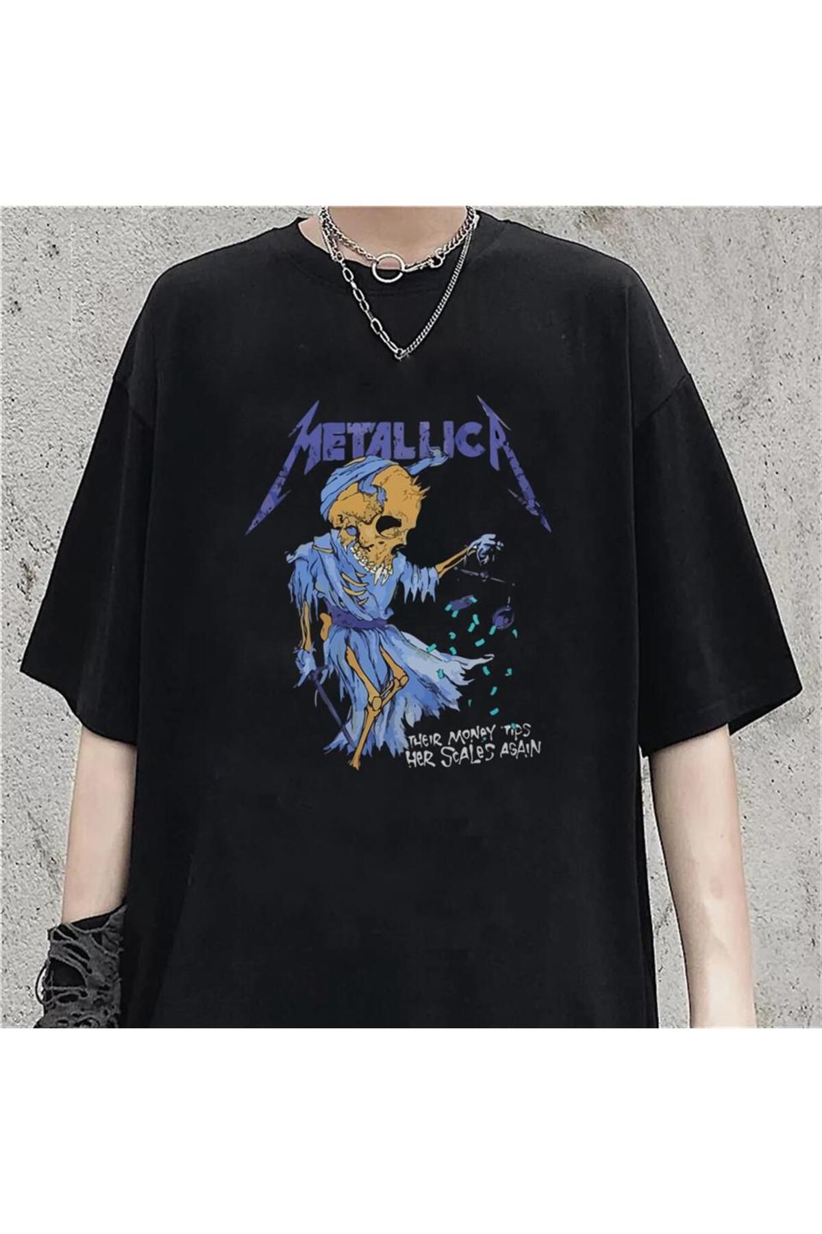 BAREM BUTİK Barem Butik  Rock Serisi Metallica Skull Money Siyah Unisex Oversize T-shirt