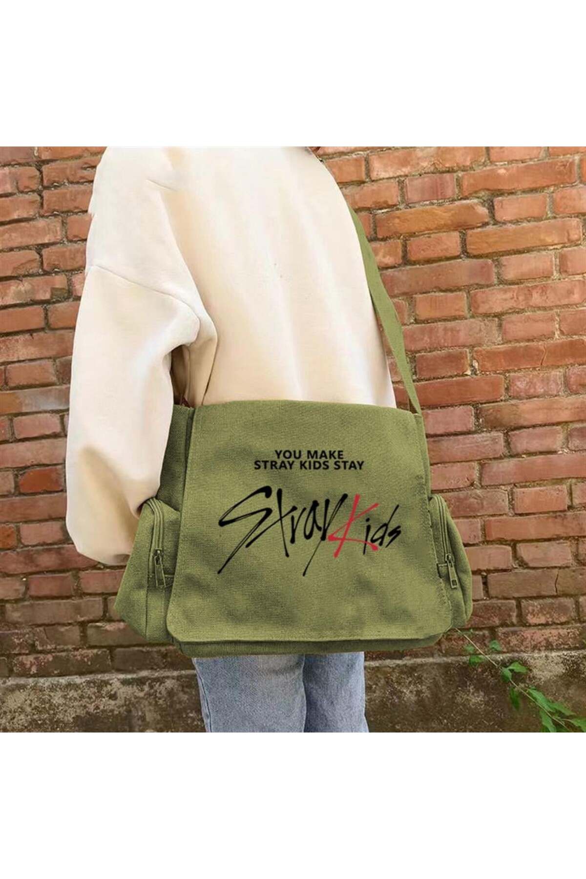 BAREM BUTİK Barem Butik  Stray Kids Baskılı Unisex Yeşil Postacı Çantası