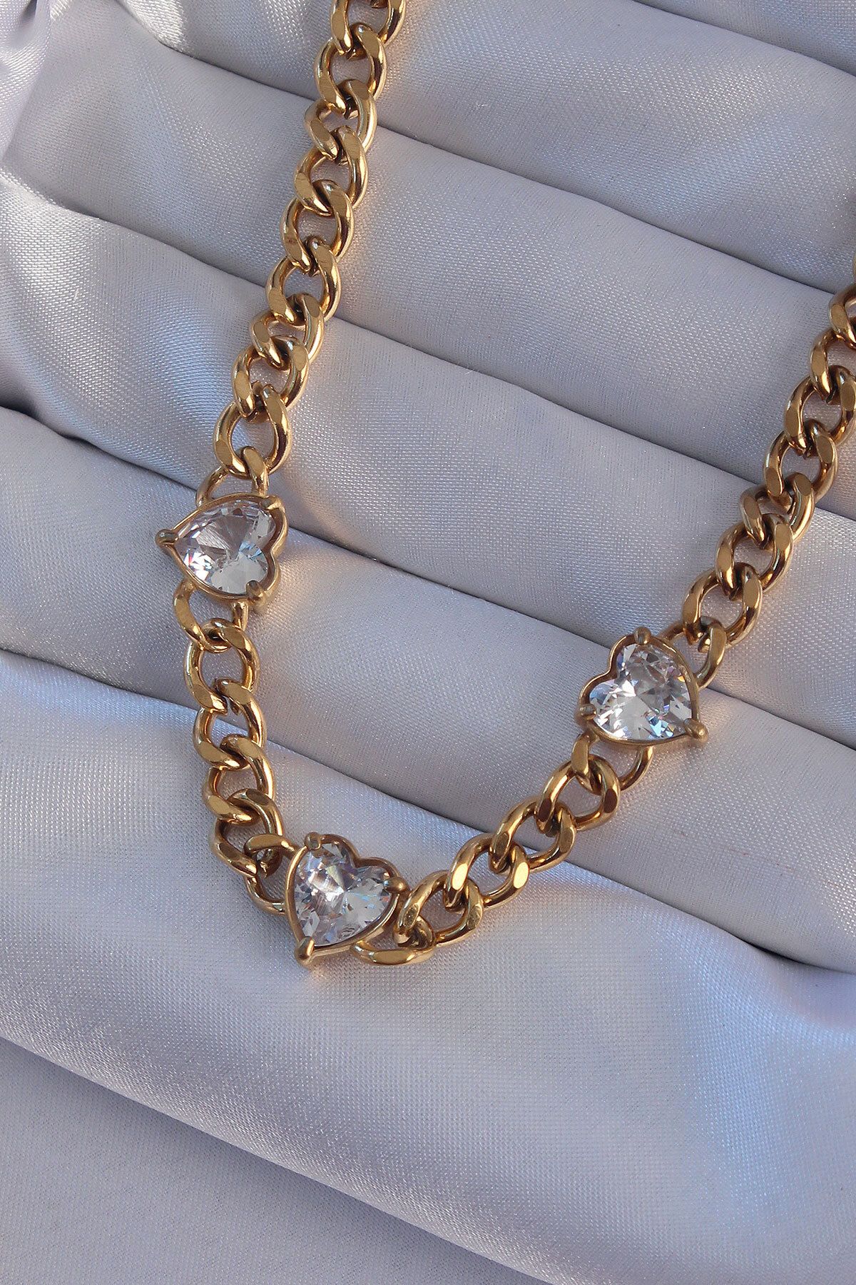 MMB Boutique 316L Çelik Gold Renk Zirkon Taşlı Kalp Model Zincir Kolye