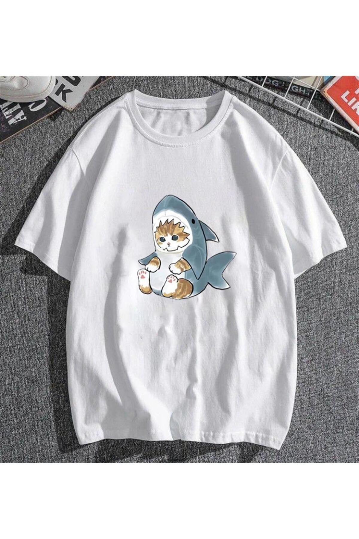 BAREM BUTİK Barem Butik  Shark Cat Beyaz Unisex Oversize T-shirt