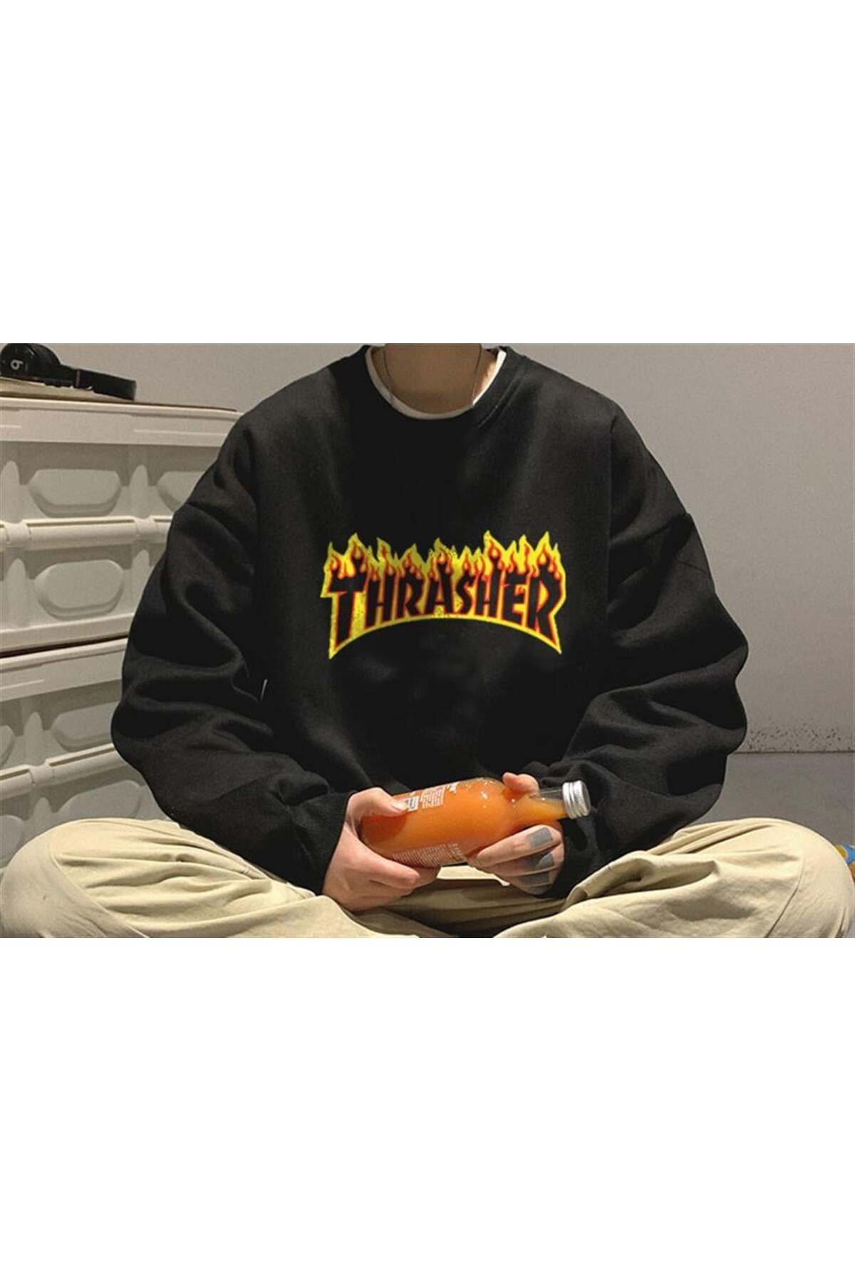 BAREM BUTİK Barem Butik  Thrasher Baskılı Siyah Unisex Oversize Bisiklet Yaka Sweatshirt