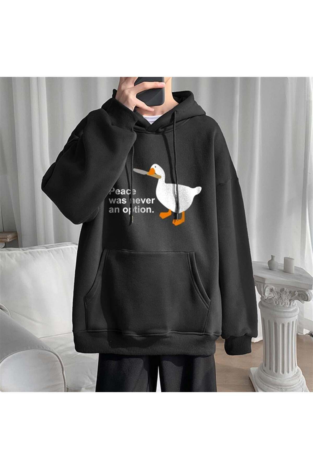 BAREM BUTİK Barem Butik  Duck Peace Baskılı Siyah Unisex Oversize Kapüşonlu Sweatshirt