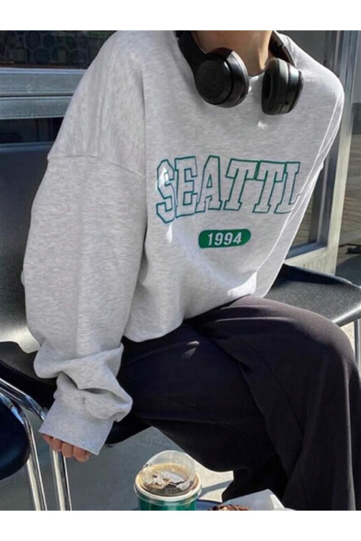 BAREM BUTİK Barem Butik  Seattle Baskılı Gri Unisex Oversize Bisiklet Yaka Sweatshirt