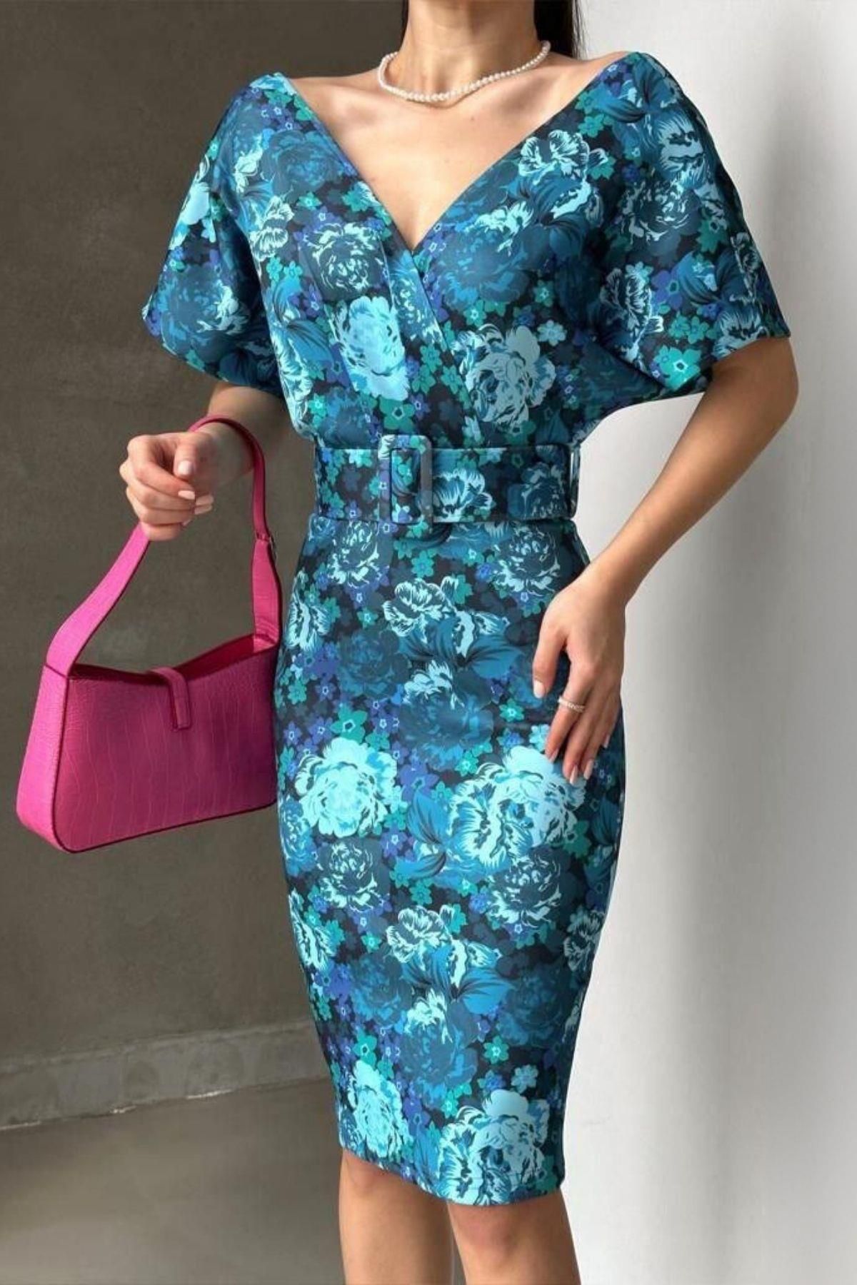 Mossta-Rochie din lycra cu curea cu guler cu imprimeu digital 3