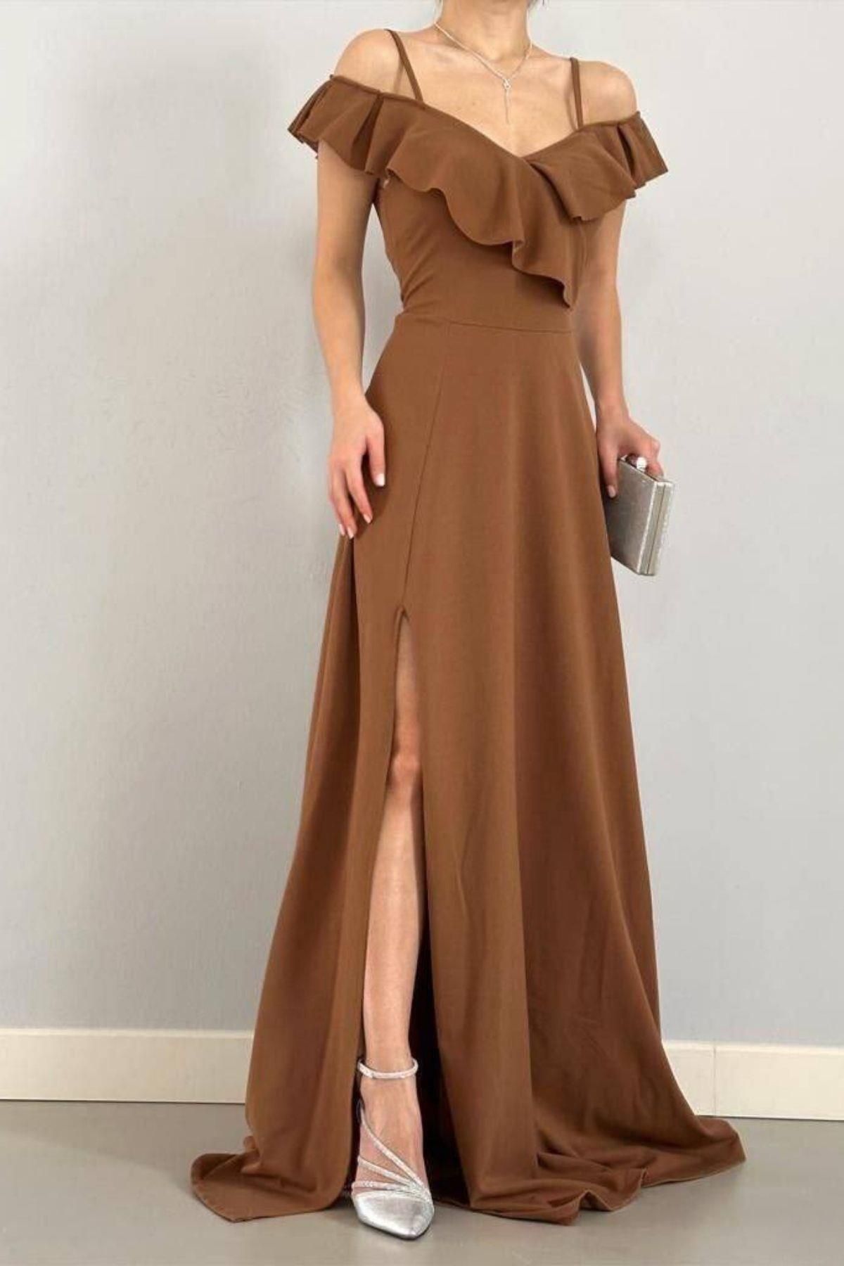 Mossta-Off Shoulder Flounce Collar Slit Evening Dress Brown 2