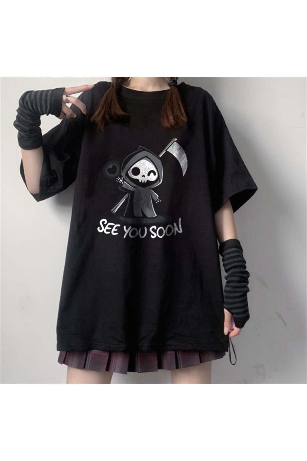 BAREM BUTİK Barem Butik  Halloween See You Soon Baskılı Siyah Unisex Oversize T-shirt