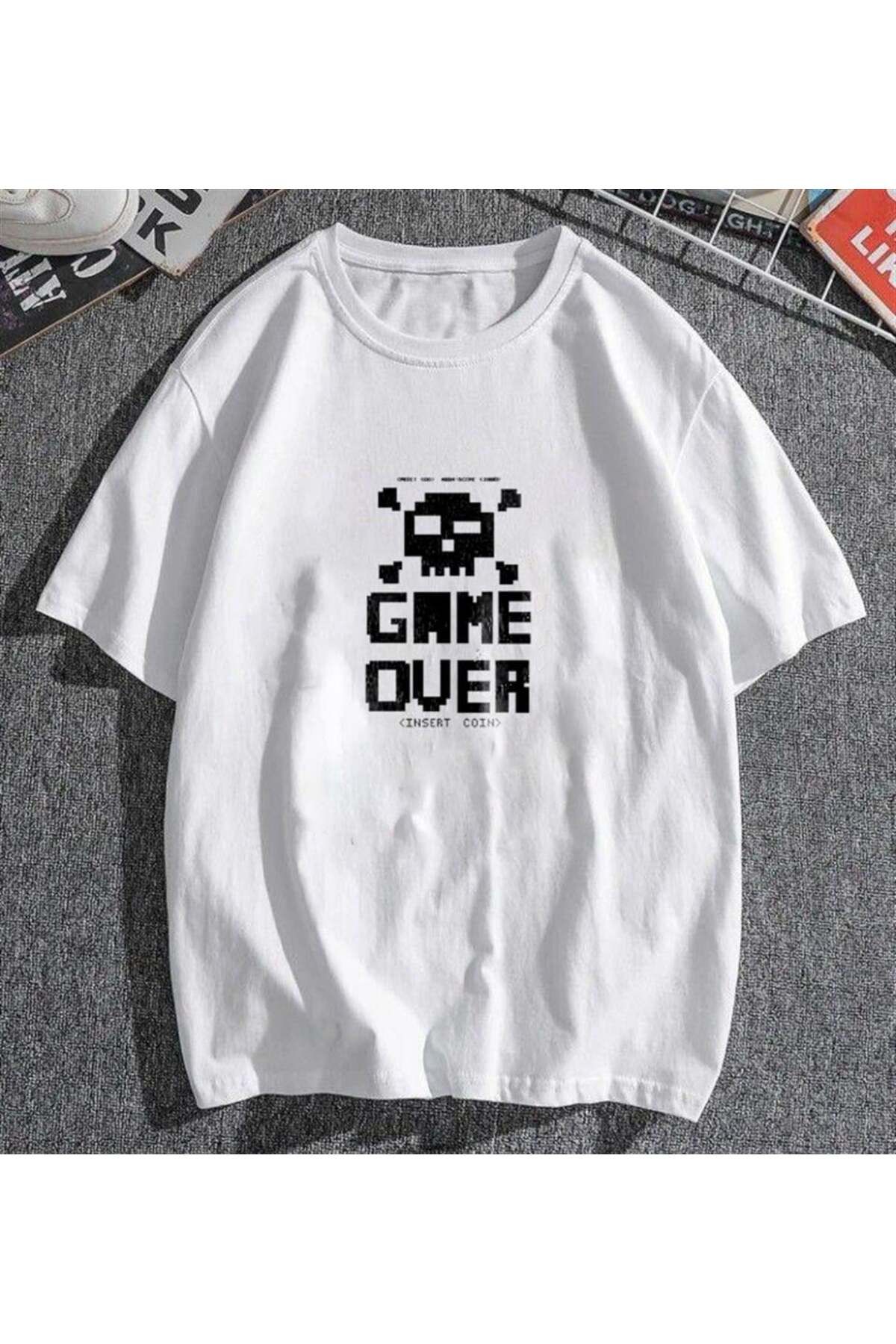 BAREM BUTİK Barem Butik  Game Over Beyaz Unisex Oversize T-shirt