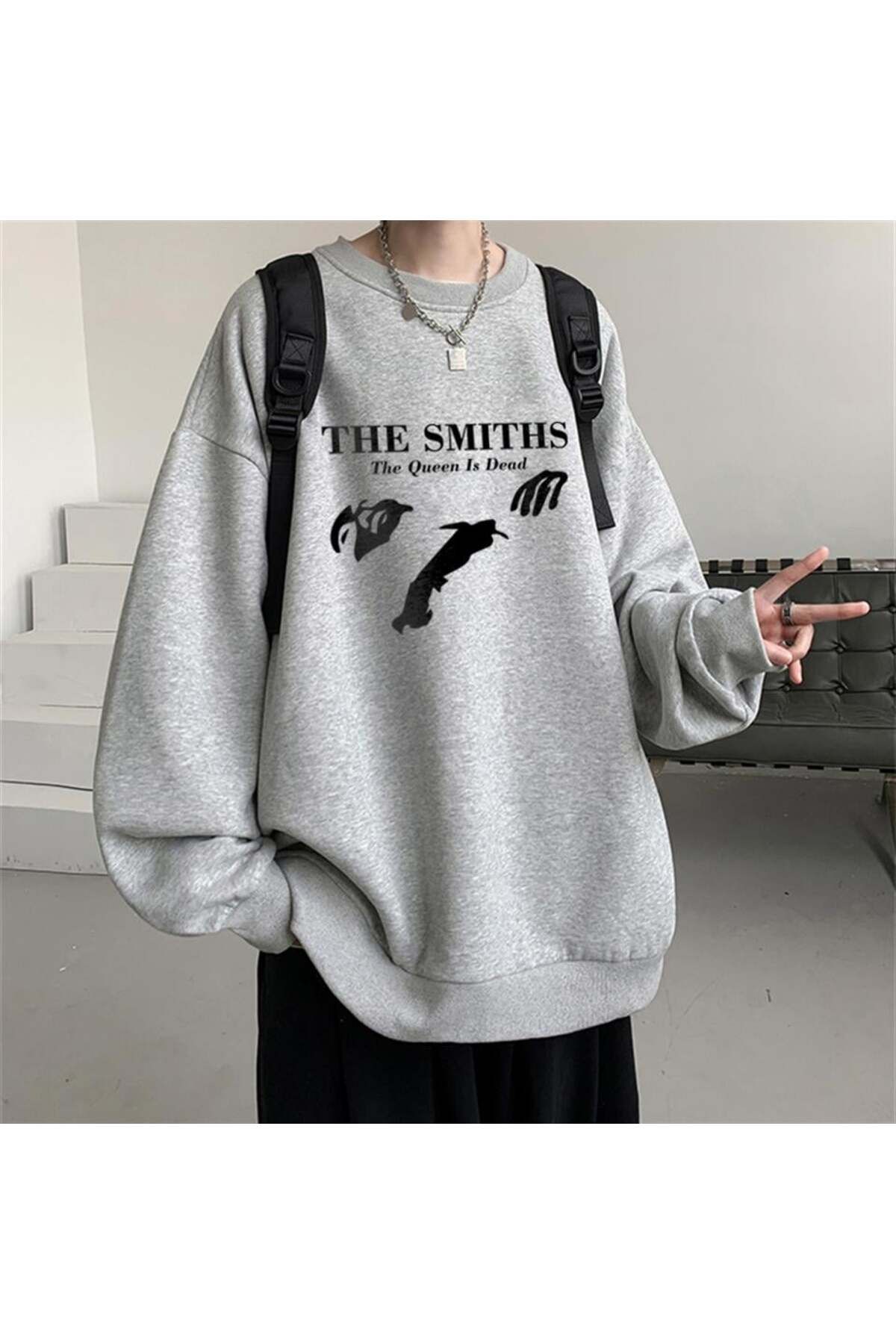 BAREM BUTİK Barem Butik  The Smiths Baskılı Gri Unisex Oversize Bisiklet Yaka Sweatshirt