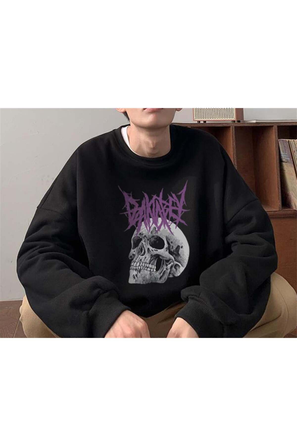 BAREM BUTİK Barem Butik  Deathless Skull Baskılı Siyah Unisex Oversize Bisiklet Yaka Sweatshirt