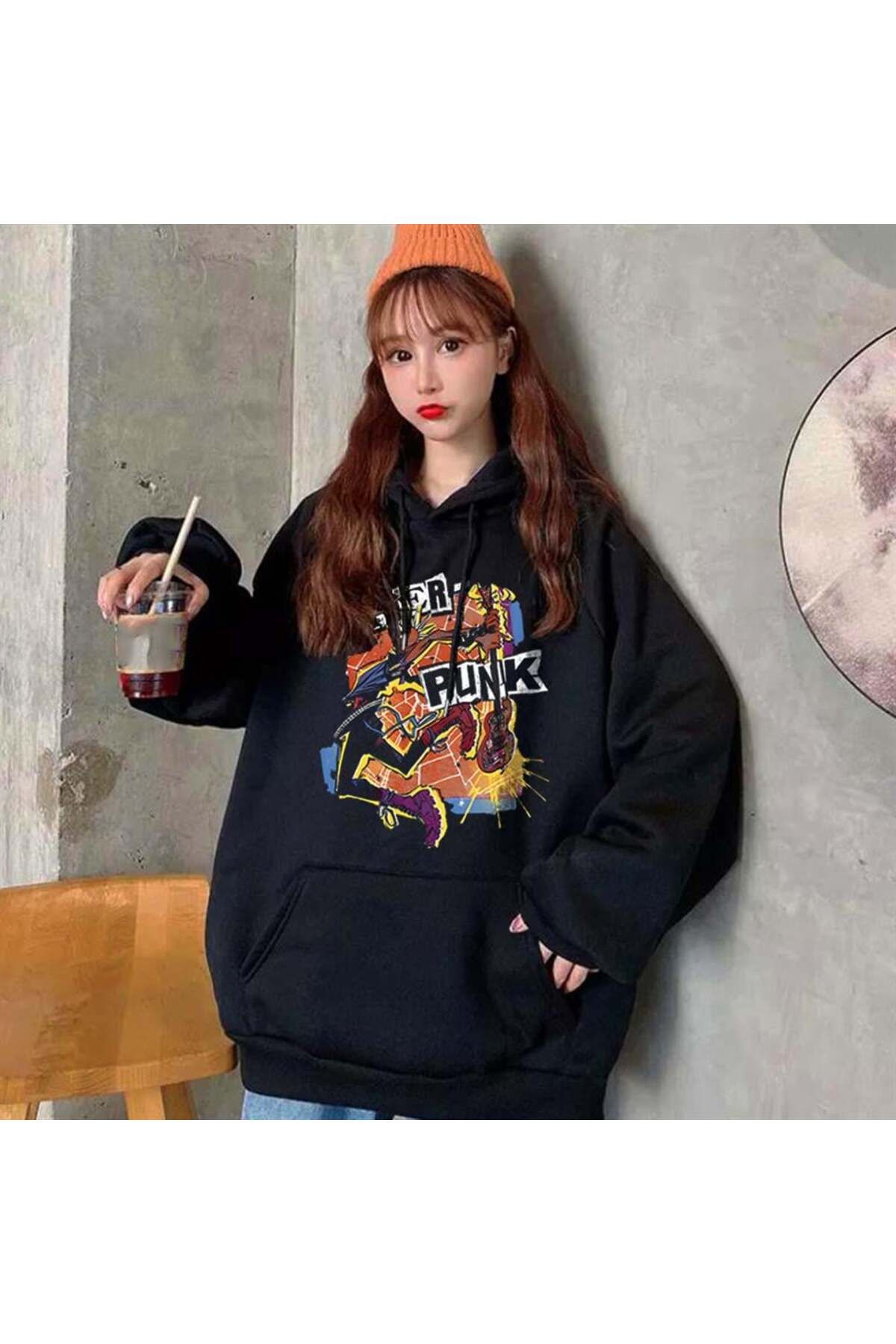 BAREM BUTİK Barem Butik  Spider Punk Baskılı Siyah Unisex Oversize Kapüşonlu Sweatshirt