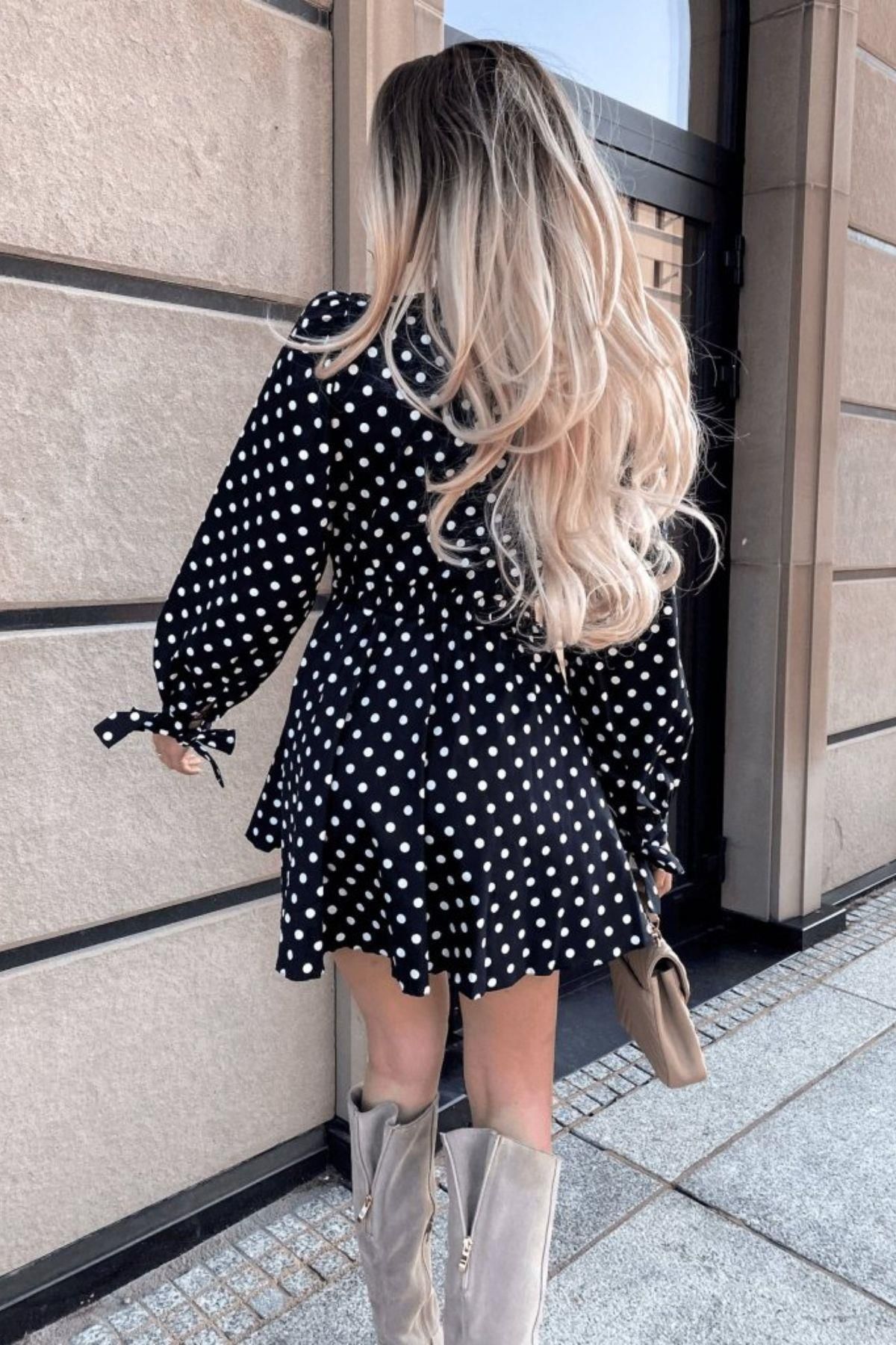 Mossta-Black Mini Crepe Dress - Double Breasted Collar and Polka Dot Design 2