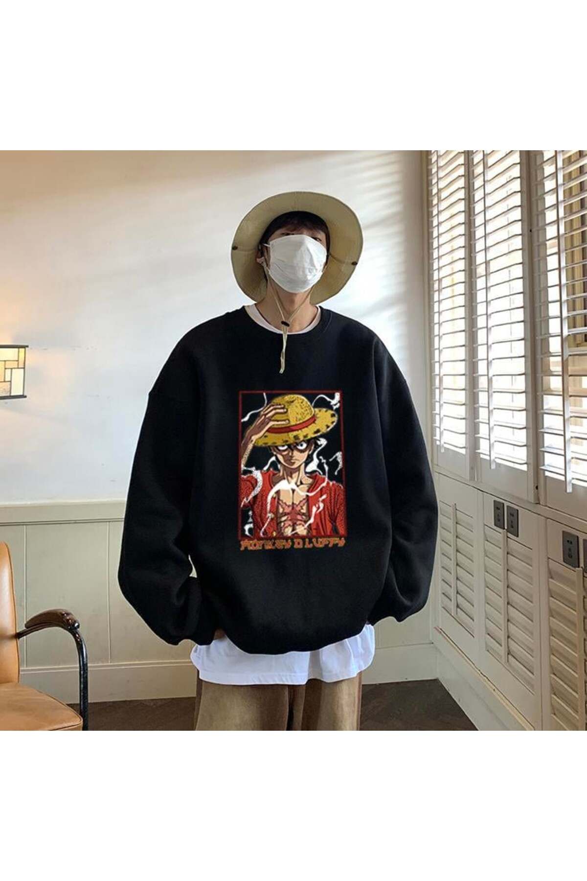 BAREM BUTİK Barem Butik  One Piece Monkey D Luffy Baskılı Siyah Unisex Oversize Bisiklet Yaka Sweatshirt