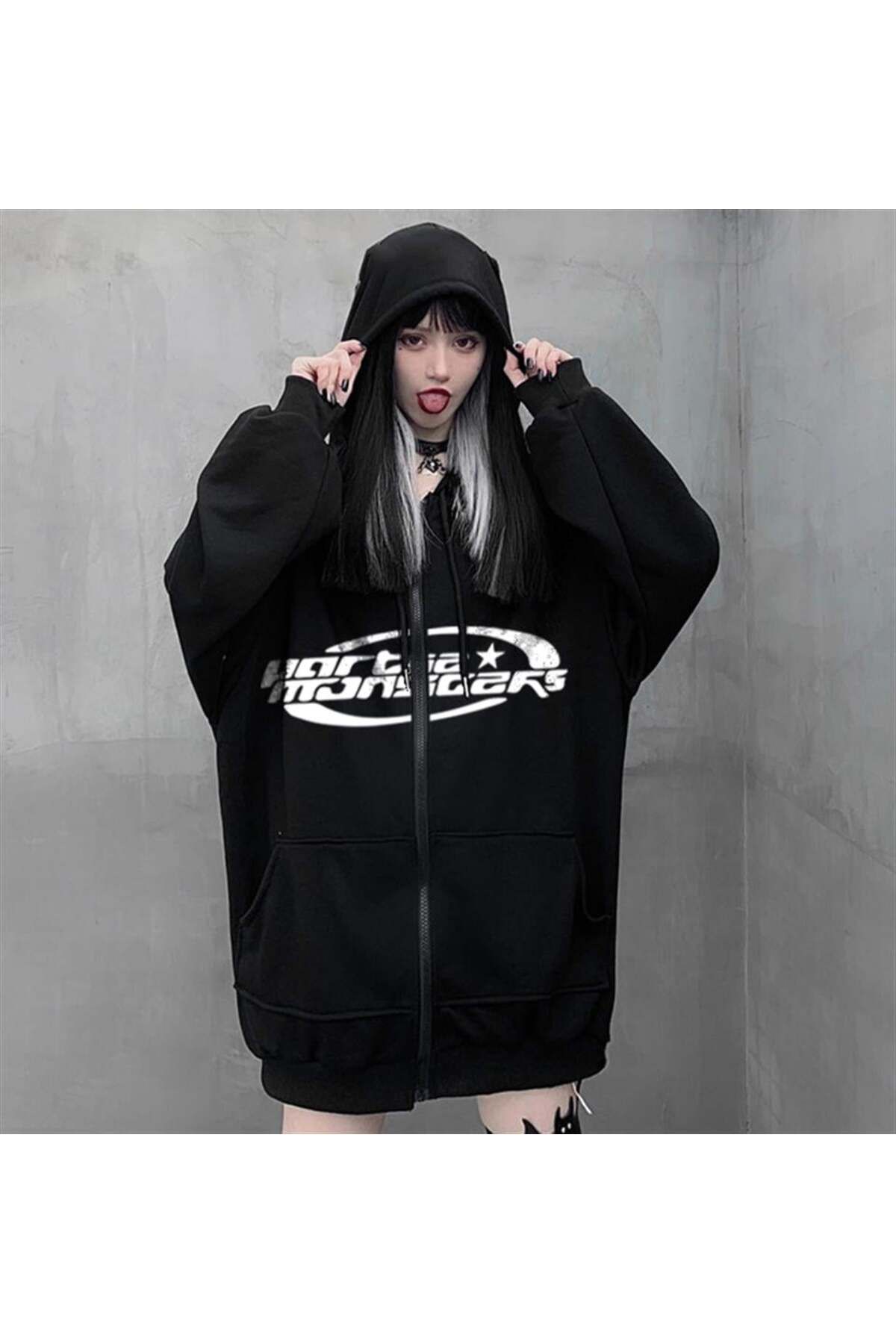 BAREM BUTİK Barem Butik  Partie Monsters Baskılı Oversize Fermuarlı Siyah Unisex Kapüşonlu Hırka