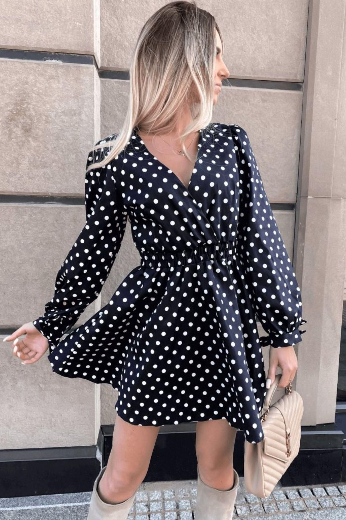 Mossta-Black Mini Crepe Dress - Double Breasted Collar and Polka Dot Design 3