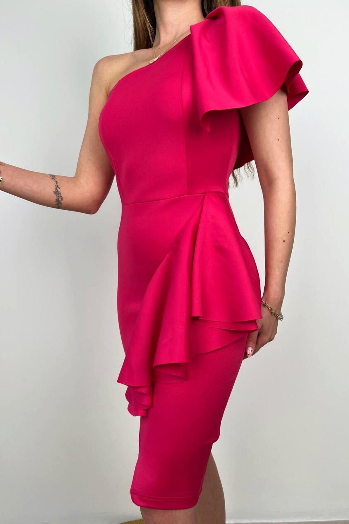 Mossta-Rochie scuba cu volan cu un singur umăr fucsia 3