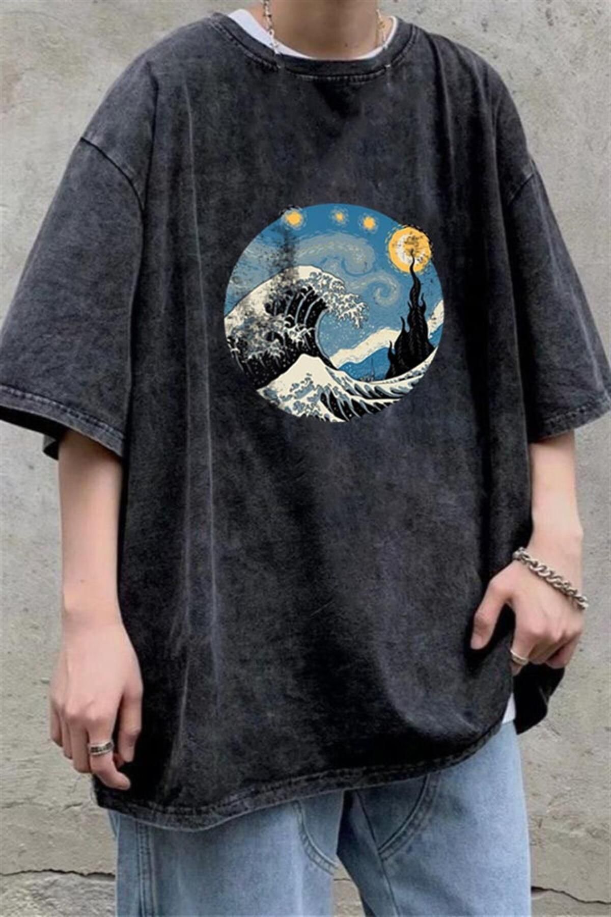 BAREM BUTİK Barem Butik  Yıkamalı Kanagawa Oki Nami Ura Unisex Eskitme T-shirt