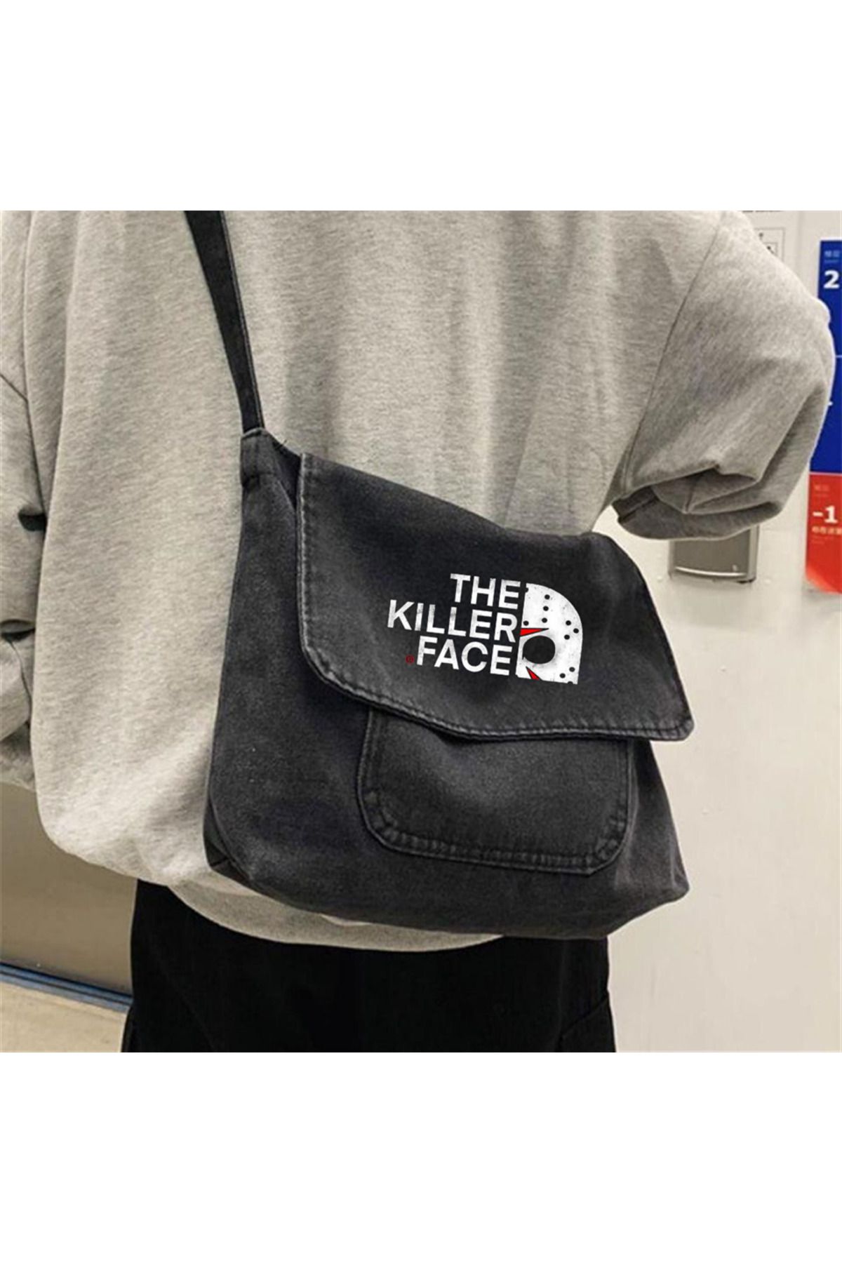 BAREM BUTİK Barem Butik  The Killer Face Baskılı Vintage Unisex Gri Kot Postacı Çantası