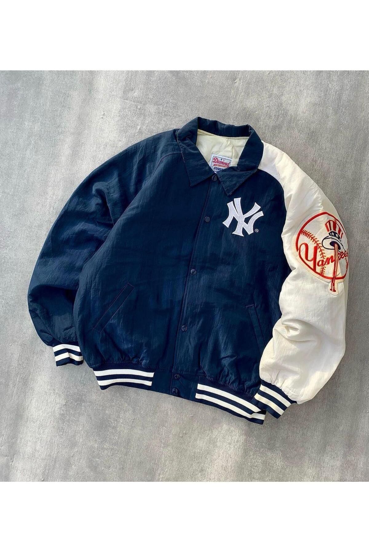 BAREM BUTİK Barem Butik  Streetwear Unisex İçi Astarlı Vintage Yankees Mavi Yarışçı Bomber Ceket