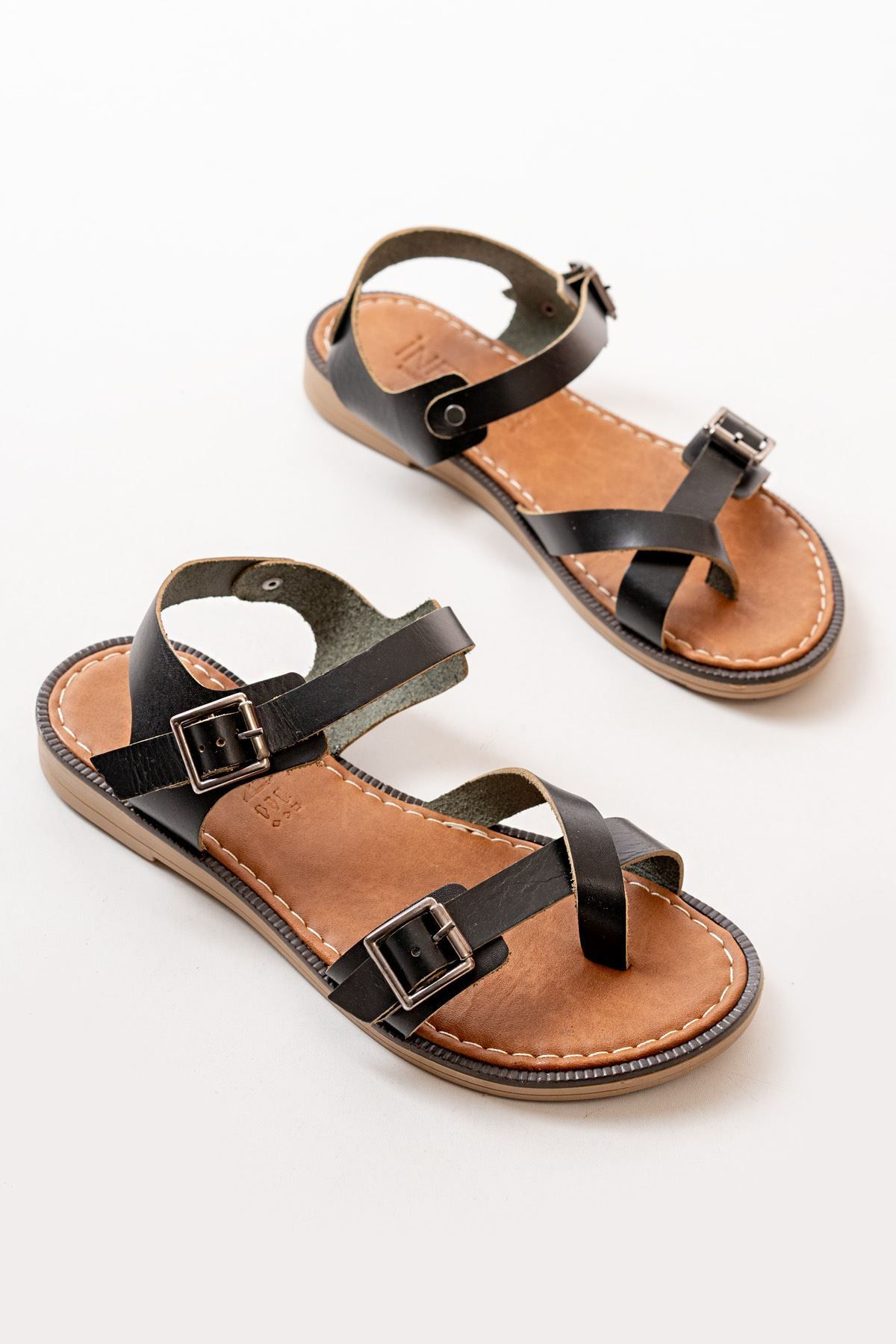 ASFSTORE 205-091 Siyah Ortopedik Hakiki Deri Kadın Sandalet