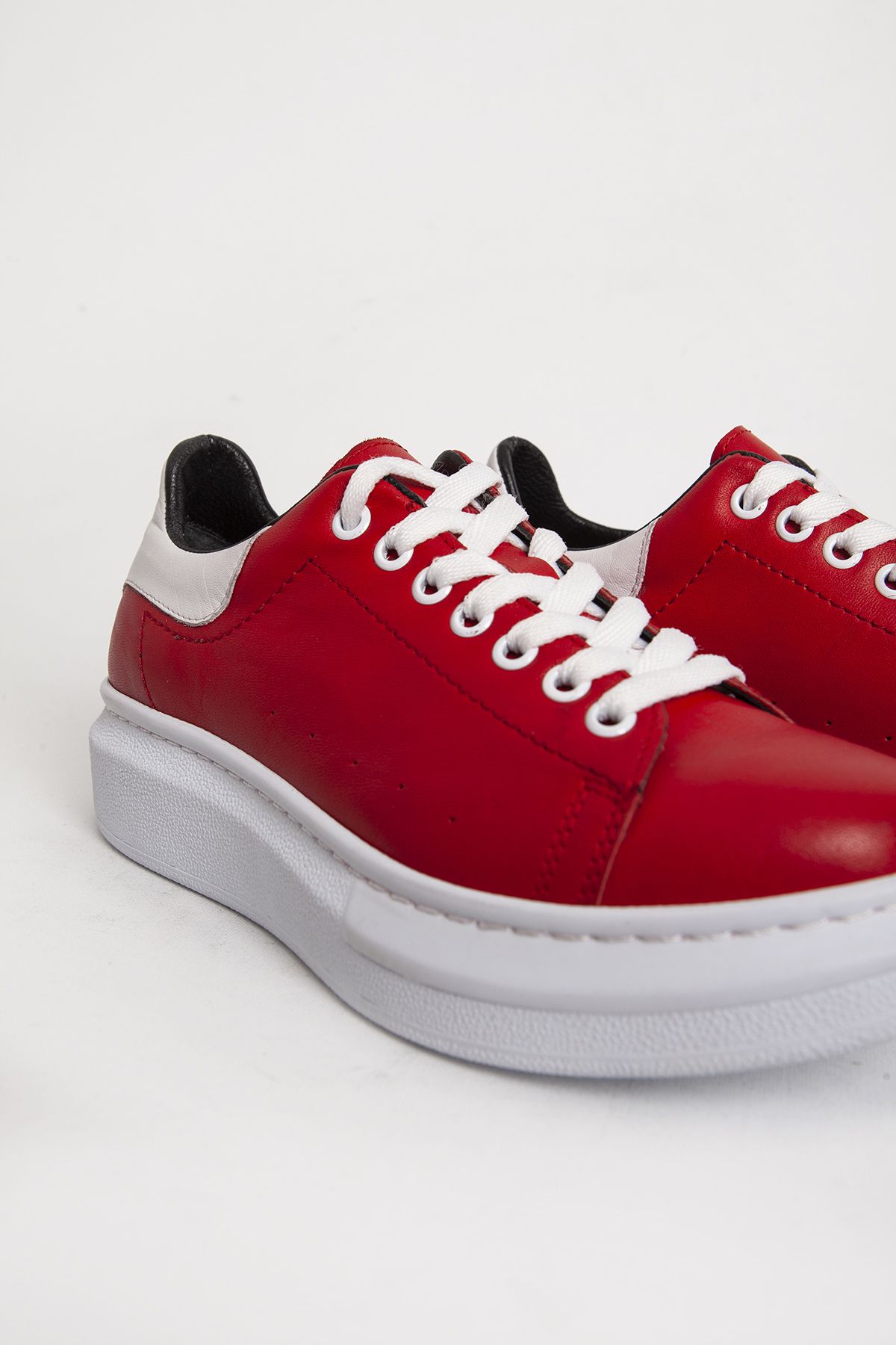 Dericlub-Women's Sneakers - Thick Sole, Lace-up, Genuine Leather, Casual Sports Shoes, Red/White 5