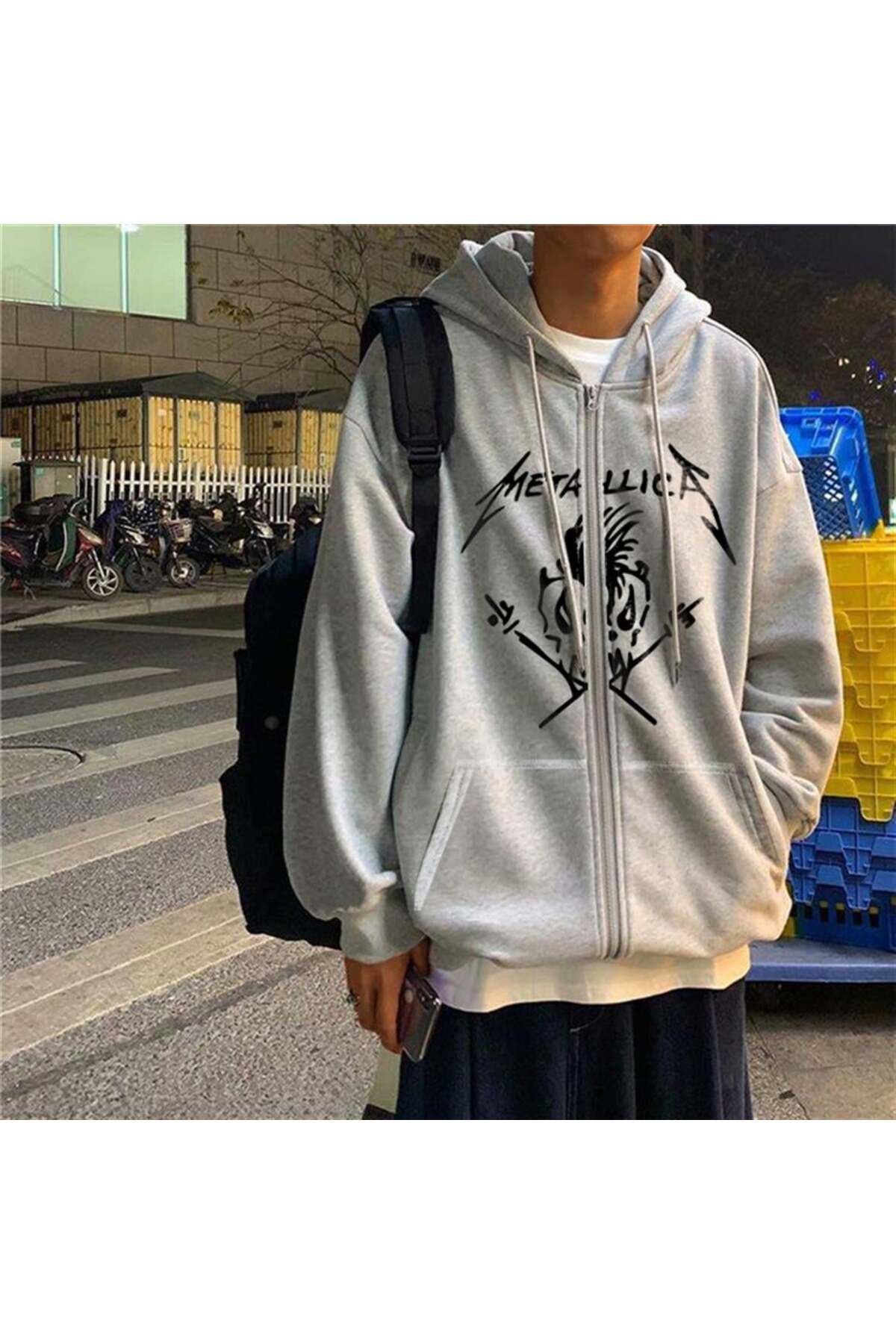 BAREM BUTİK Barem Butik  Metallica Skull Baskılı Oversize Fermuarlı Gri Unisex Kapüşonlu Hırka