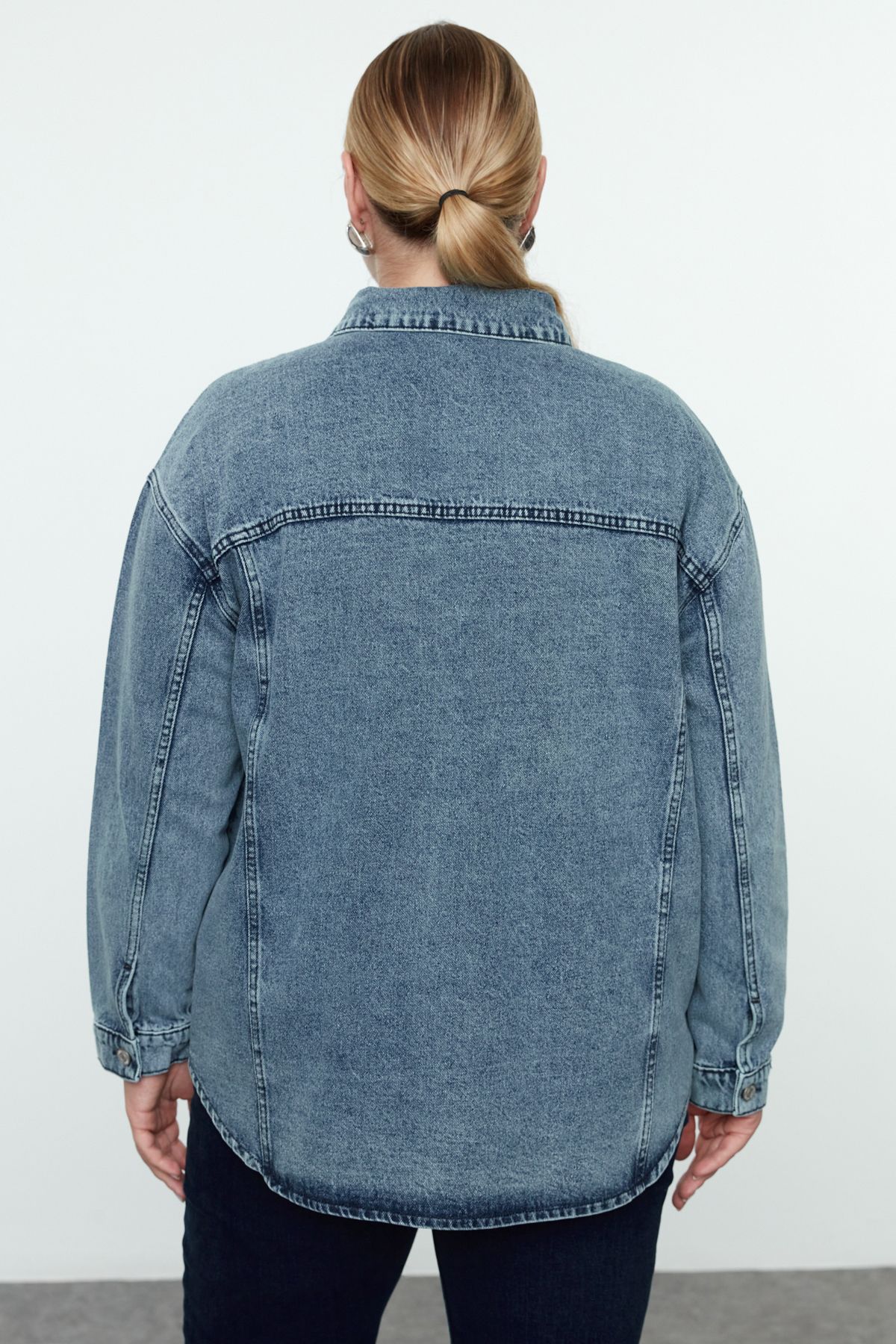 Trendyol Curve-Μπλε φαρδύ τζιν μπουφάν Trock Plus Size 5
