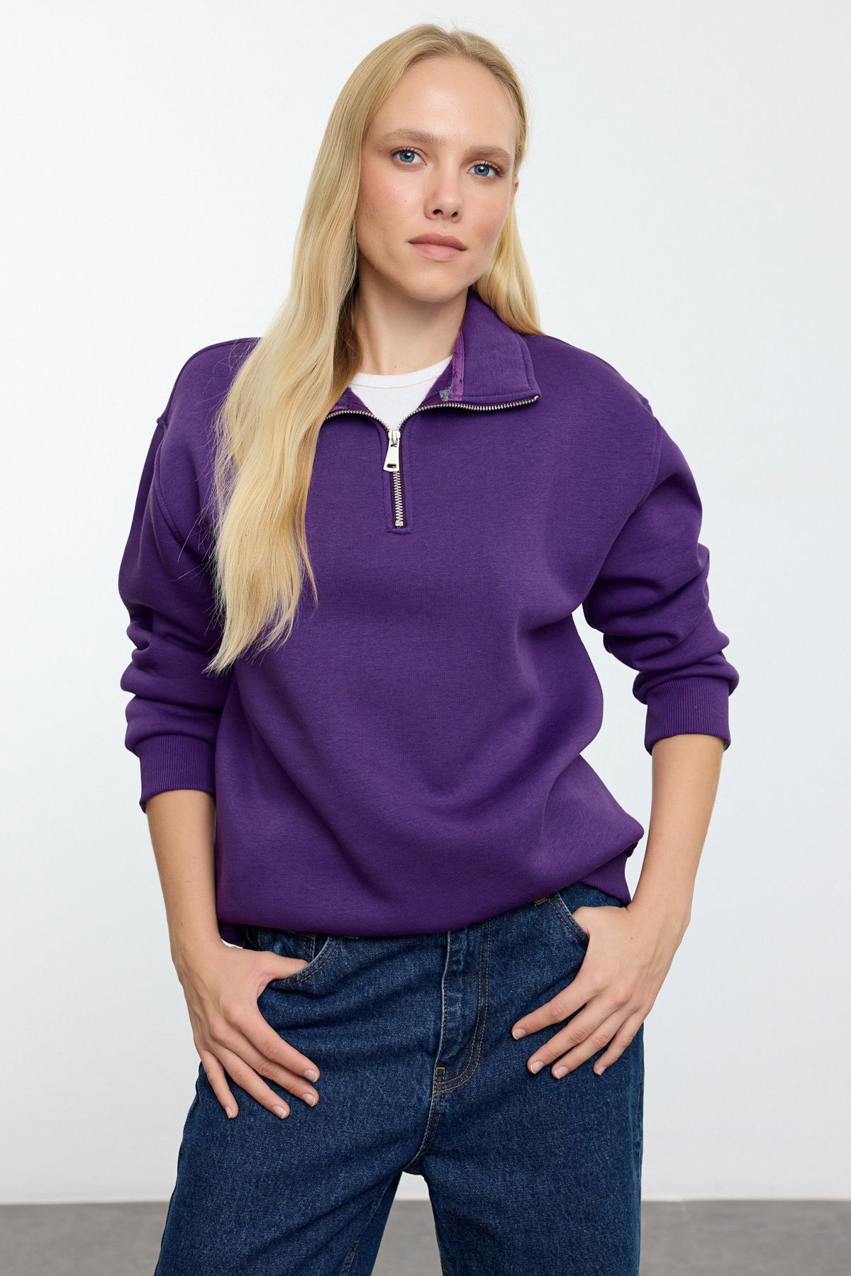 Trendyol Collection Fioletowa Bluza Polarowa Oversize Z Dzianiny - Kołnierz Zapinany Na Zamek Kobieta - XS