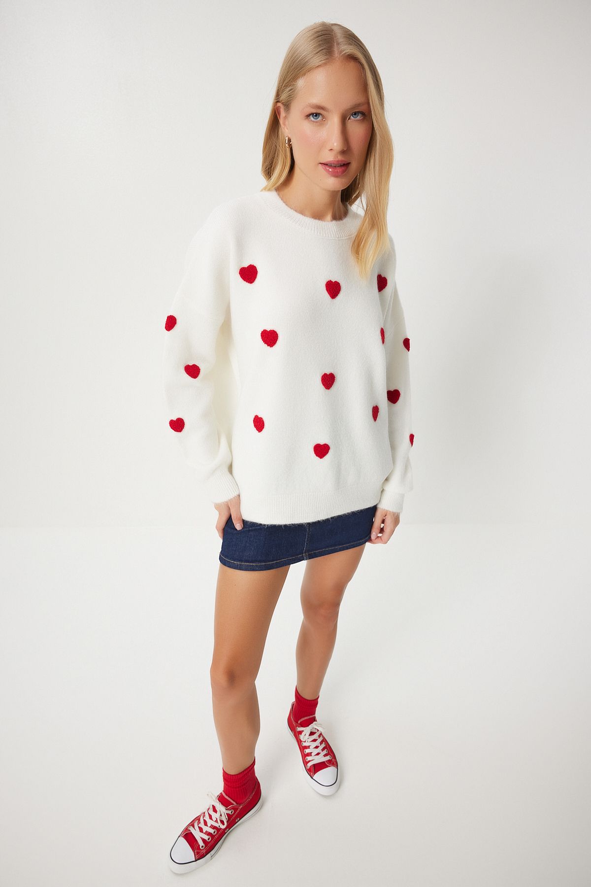 Happiness İstanbul-Ecru Oversize pletený svetr – dámský, textura srdce, Pf00088 2