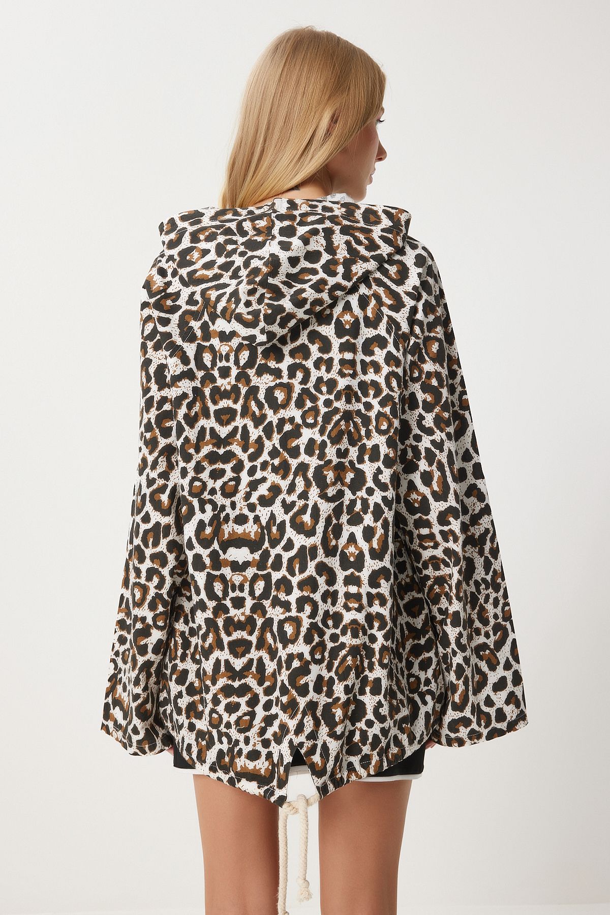Happiness stanbul White Brown Leopard Patterned Linen Trench Coat Hooded Sa00032 Trendyol