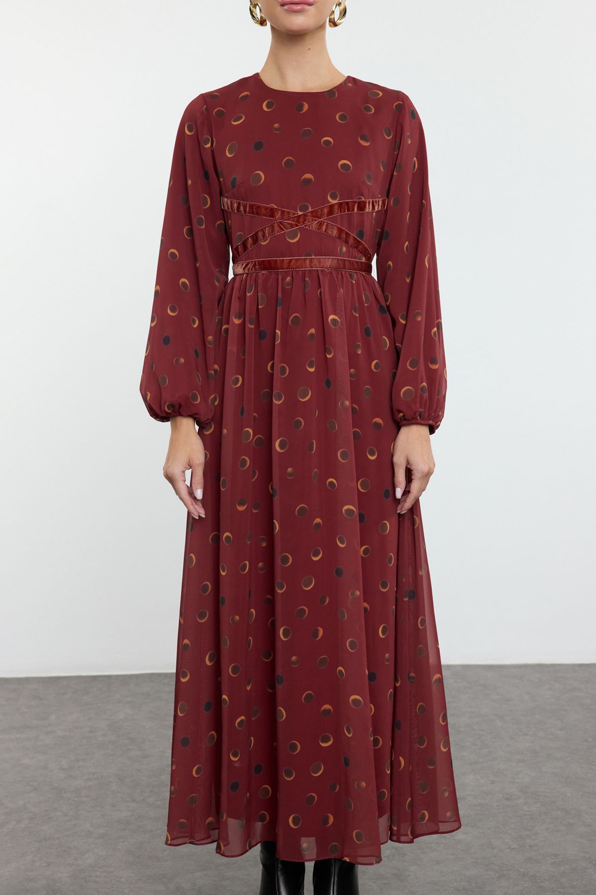 Trendyol Modest-Φόρεμα μπορντό σιφόν με λεπτομέρεια υφαντό φόρεμα TCTAW25EB00114 4