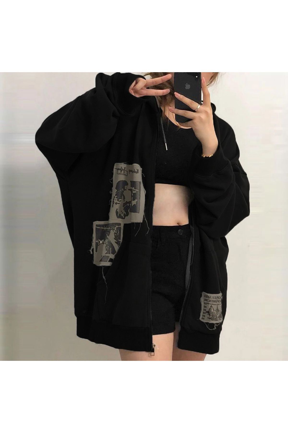punk distressed thick cardigan black printed winter oversize hooded cardigan with zipped pocket