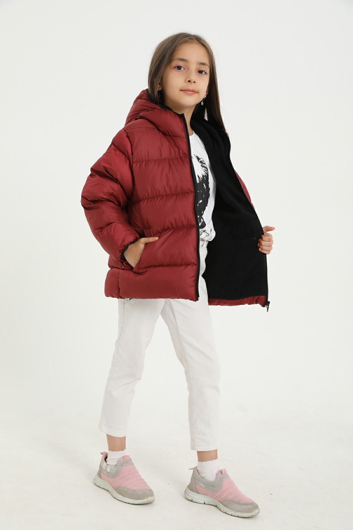 freemen-Kinder-Wintermantel aus weinrotem Fleece mit Fellkapuze, wasserdicht, windabweisend, mit Tasche und aufblasbarer Tasche 2
