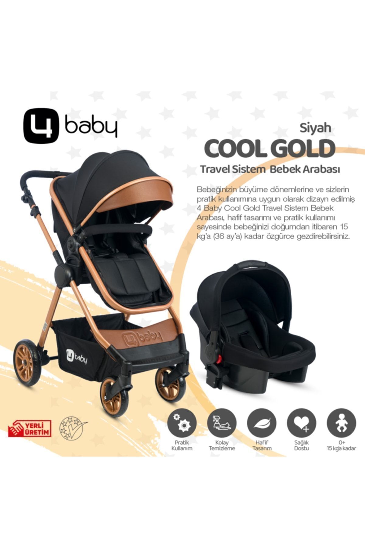4 Baby Cool Gold Travel Sistem Bebek Arabası Seyahat Sistem Puset-Siyah fotoğrafı 2 (önizleme)