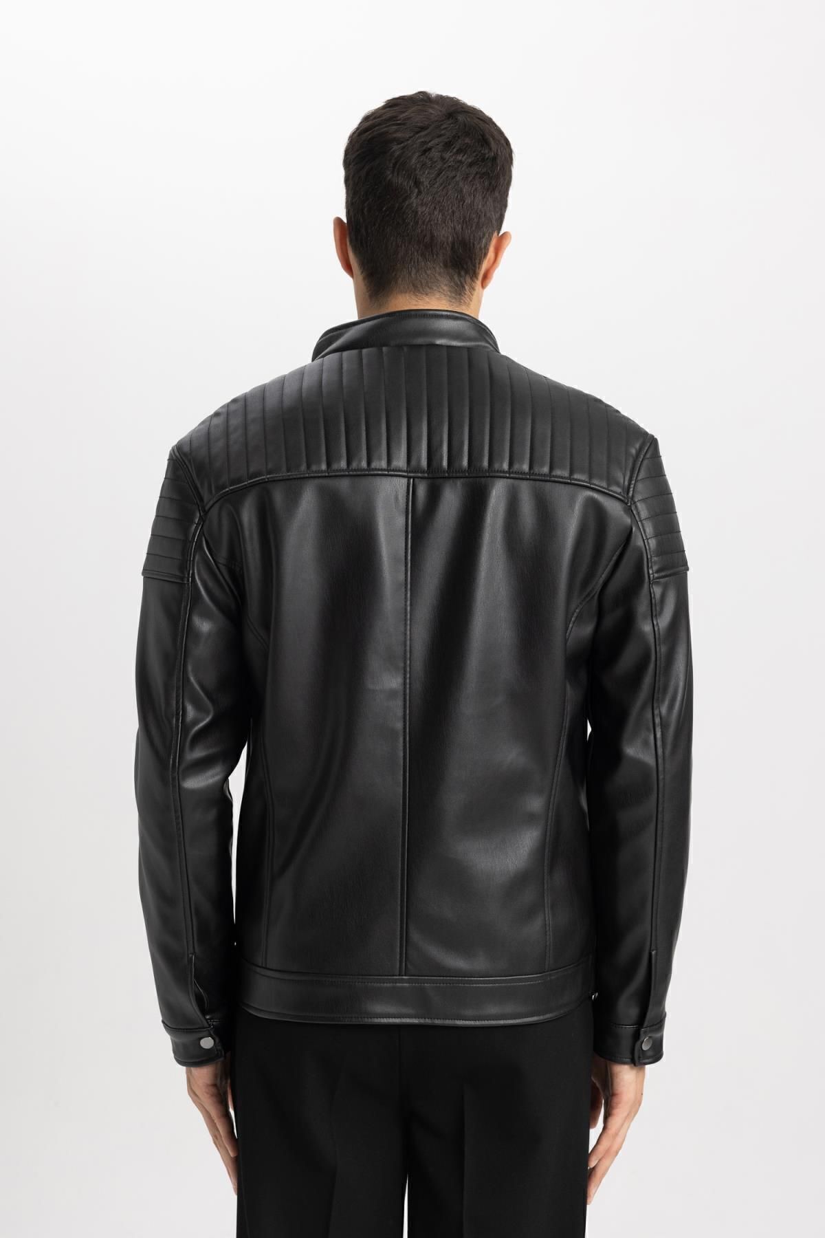 DeFacto-Wasserabweisende, saisonale Jacke aus Kunstleder mit Stehkragen, Reißverschlusstaschen – B2268ax24sp 7