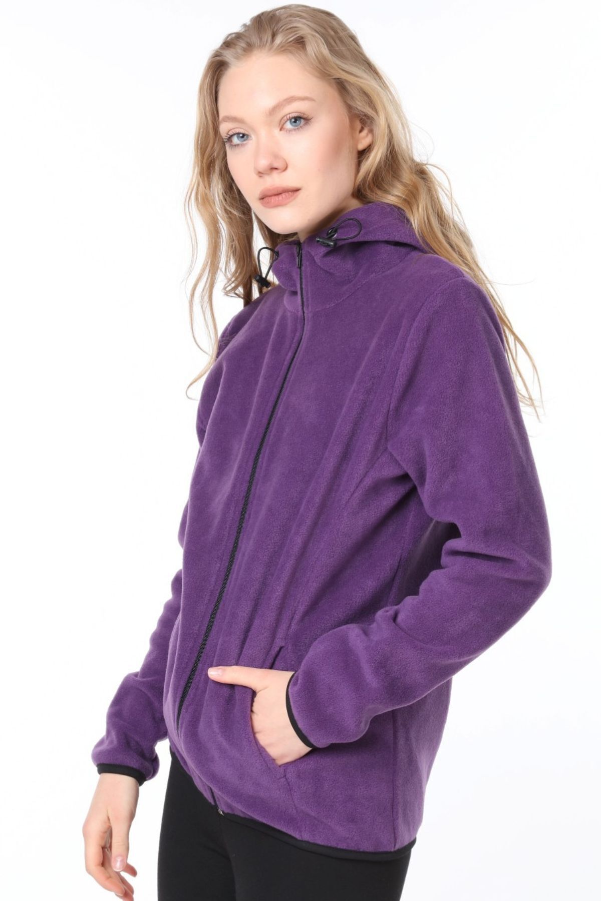 Kadın Fermuarlı Kapüşonlu Polar Sweatshirt — بنفش 19870019 — تصویر 3 از 4