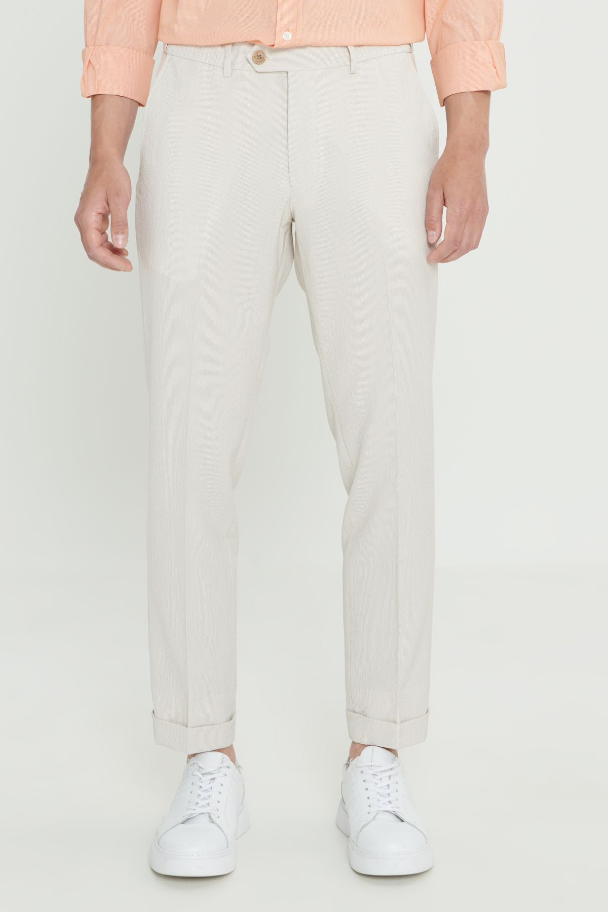 Erkek Bej Slim Fit Dar Kesim Kırışmaz Kumaş Gofre Desenli Beli Lastikli Pantolon