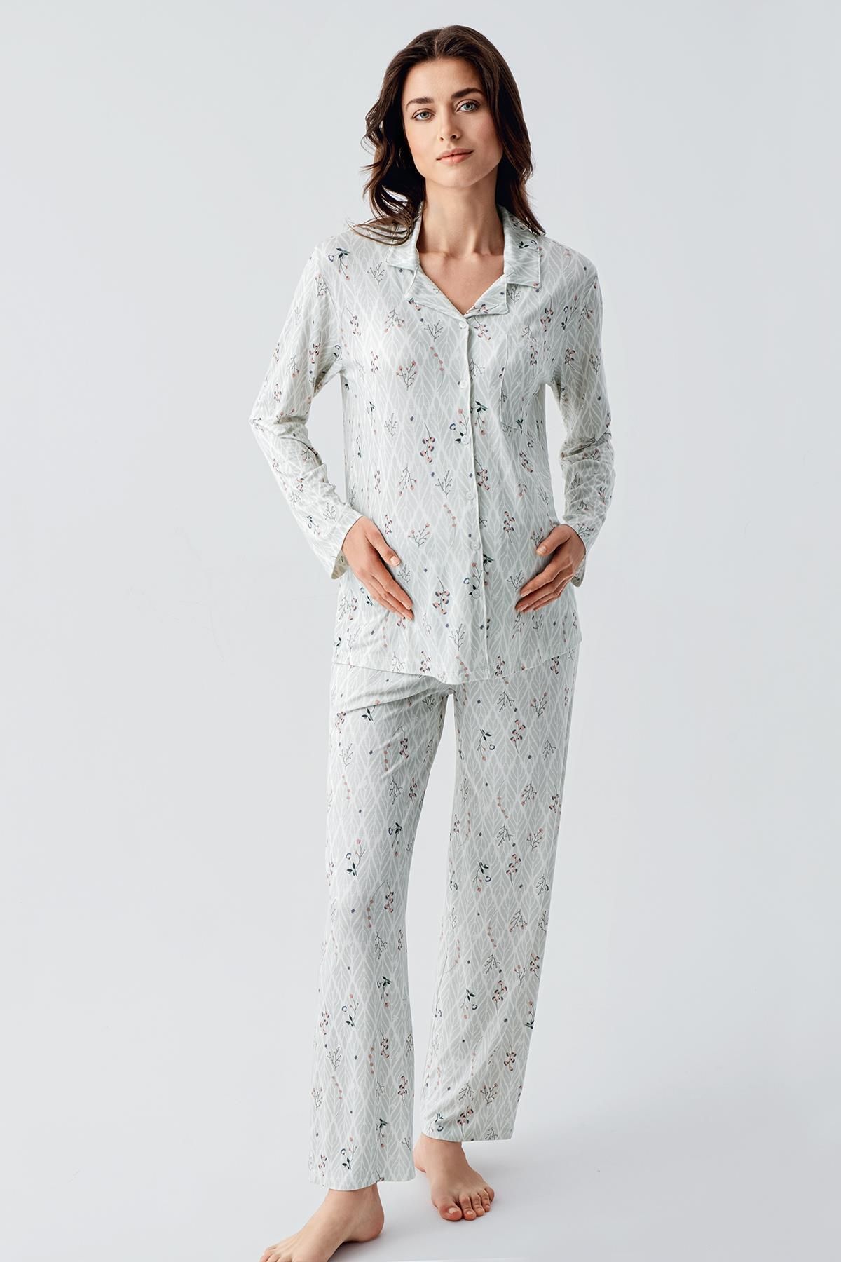 Artış-Flexible Viscose Pajama Set - Long Sleeve and Patterned Buttoned 4