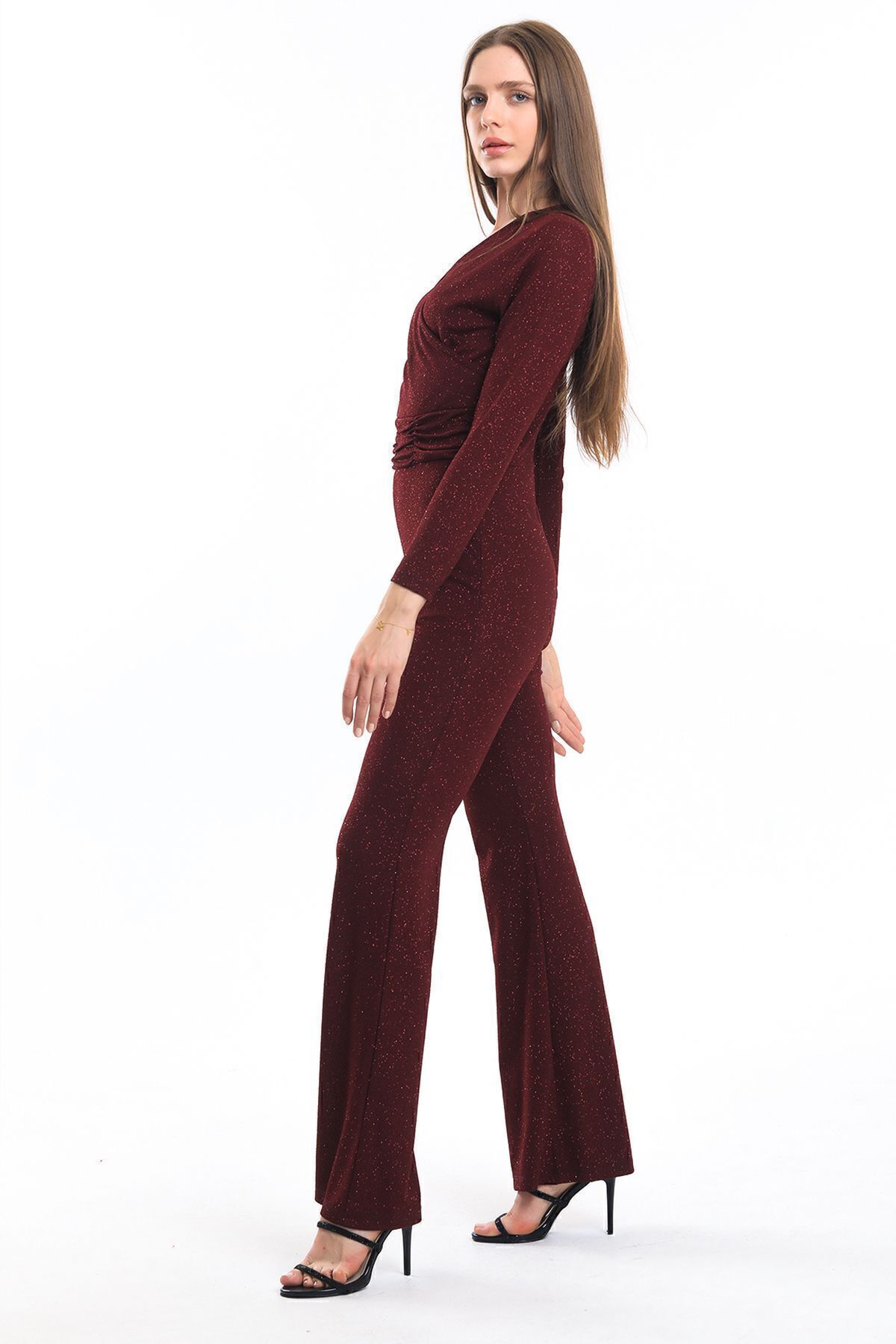 Sense-Double-breasted Glitter Knitted Crepe Evening Dress Jumpsuit| Tlm34170 Claret Red 4