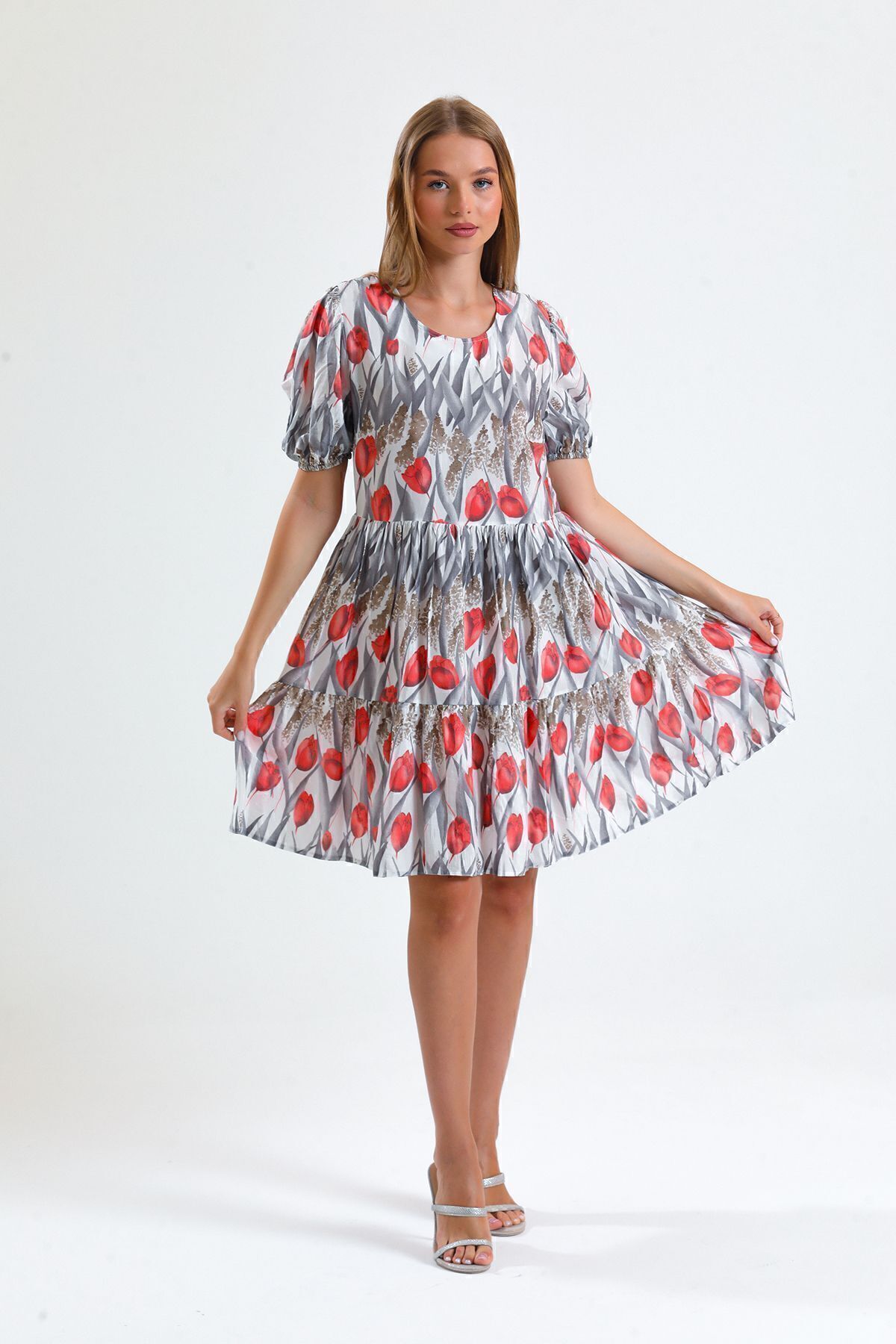 Sense-Tulip Print Dress with Drop and Pockets - Elastic Cuffs, Elb34306 Red 3